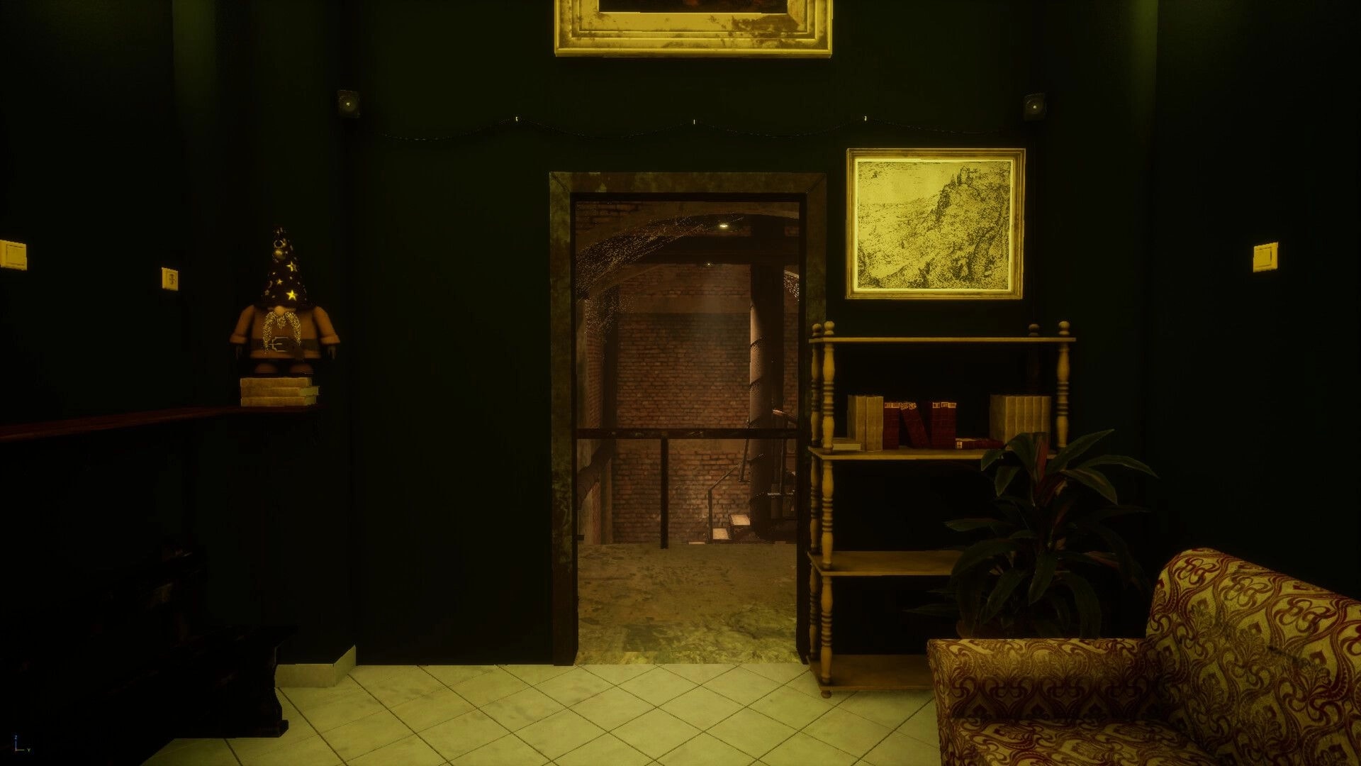 11 Trials of Raz: Entering a dim hallway with brick stairs, shelf of books, and a wizard statue.