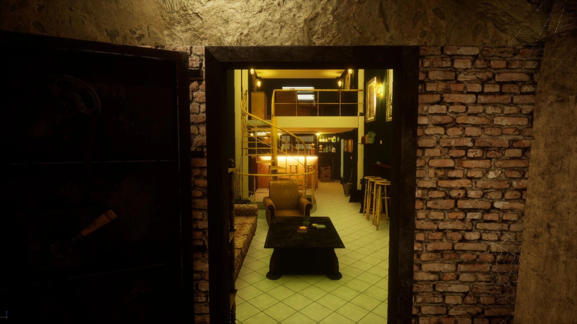 11 Trials of Raz: View through open vault door into a lit lounge with spiral stairs and bar stools.