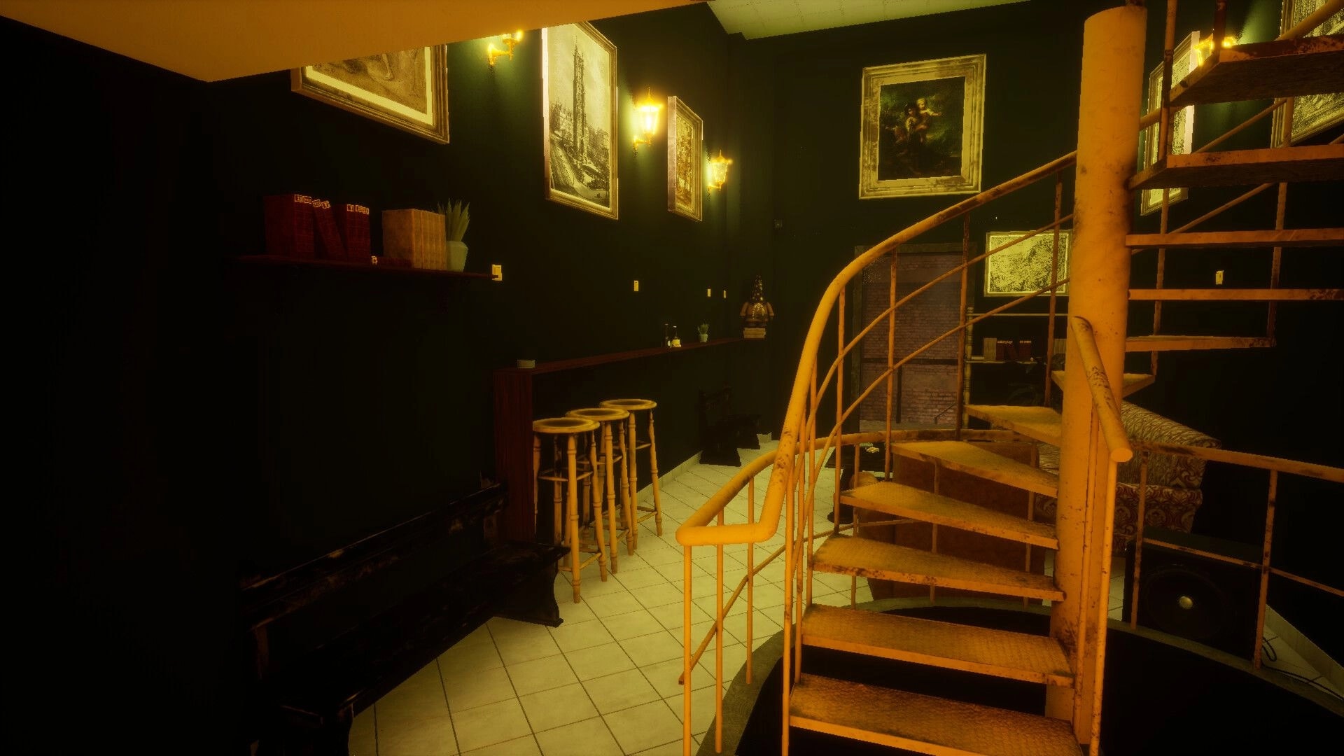 11 Trials of Raz: Exploring dim lounge with spiral stairs, bar stools, and framed art on walls.