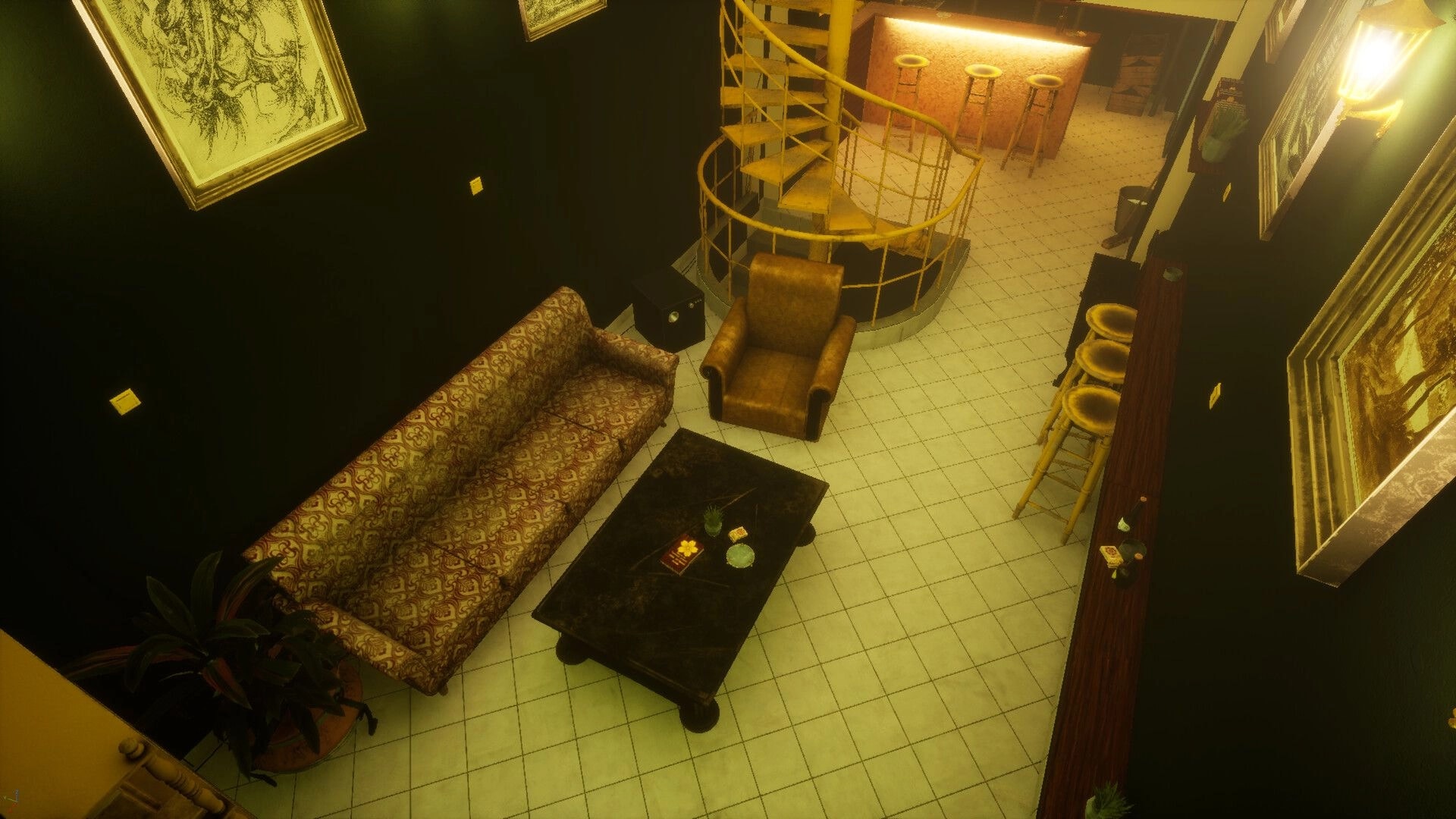 11 Trials of Raz: Lounge with sofa, armchair and coffee table beside spiral stairs and bar stools.