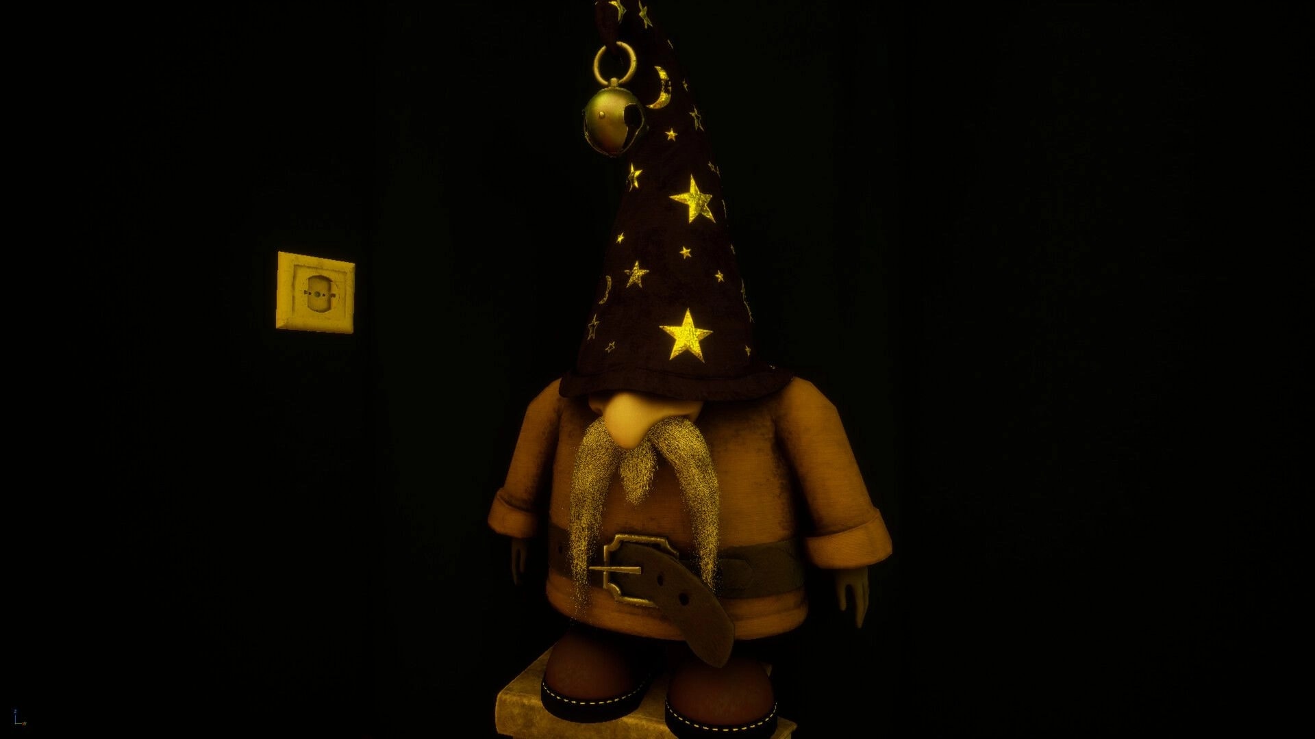 11 Trials of Raz: Wizard doll with starry hat and beard in a dark room beside a wall switch.