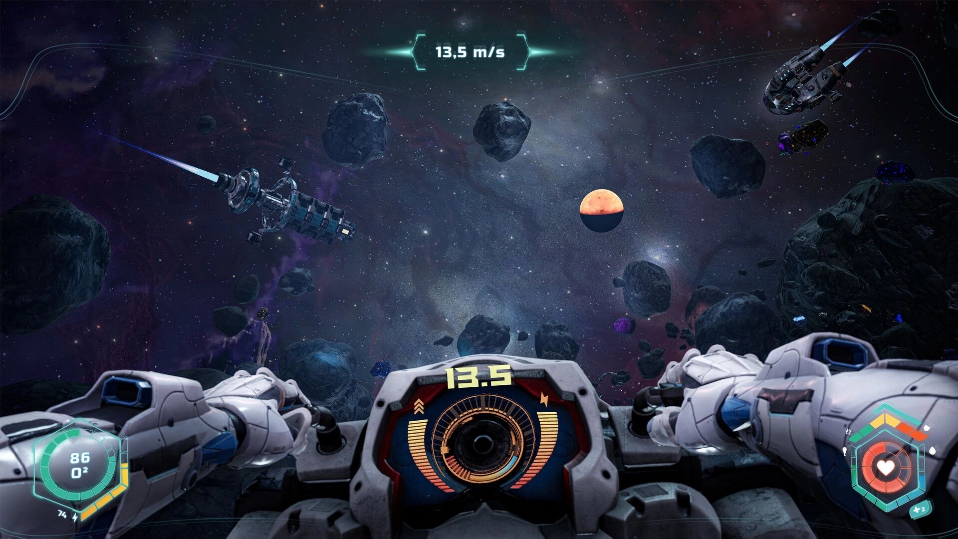 14: Cockpit view flying through asteroid field with speed readout 13.5 m/s and ship HUD in space.