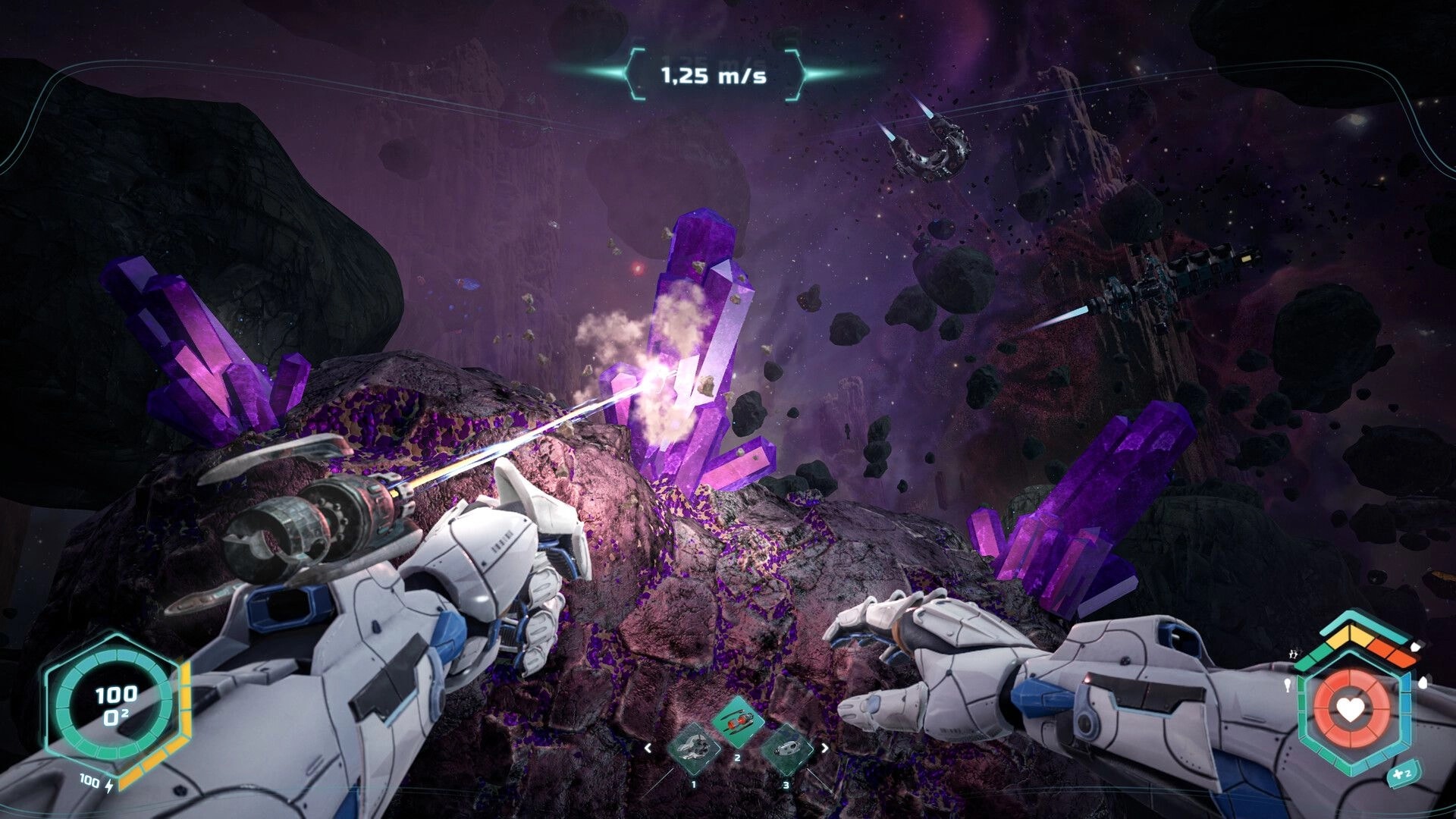 14: First-person mining laser hits purple crystals on asteroid, speed 1.25 m/s HUD in space.