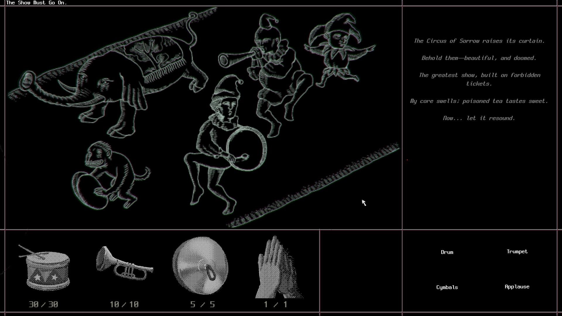 a Dogs Dream: Circus vignette with elephant and clowns, text panel and drum/trumpet UI choices.
