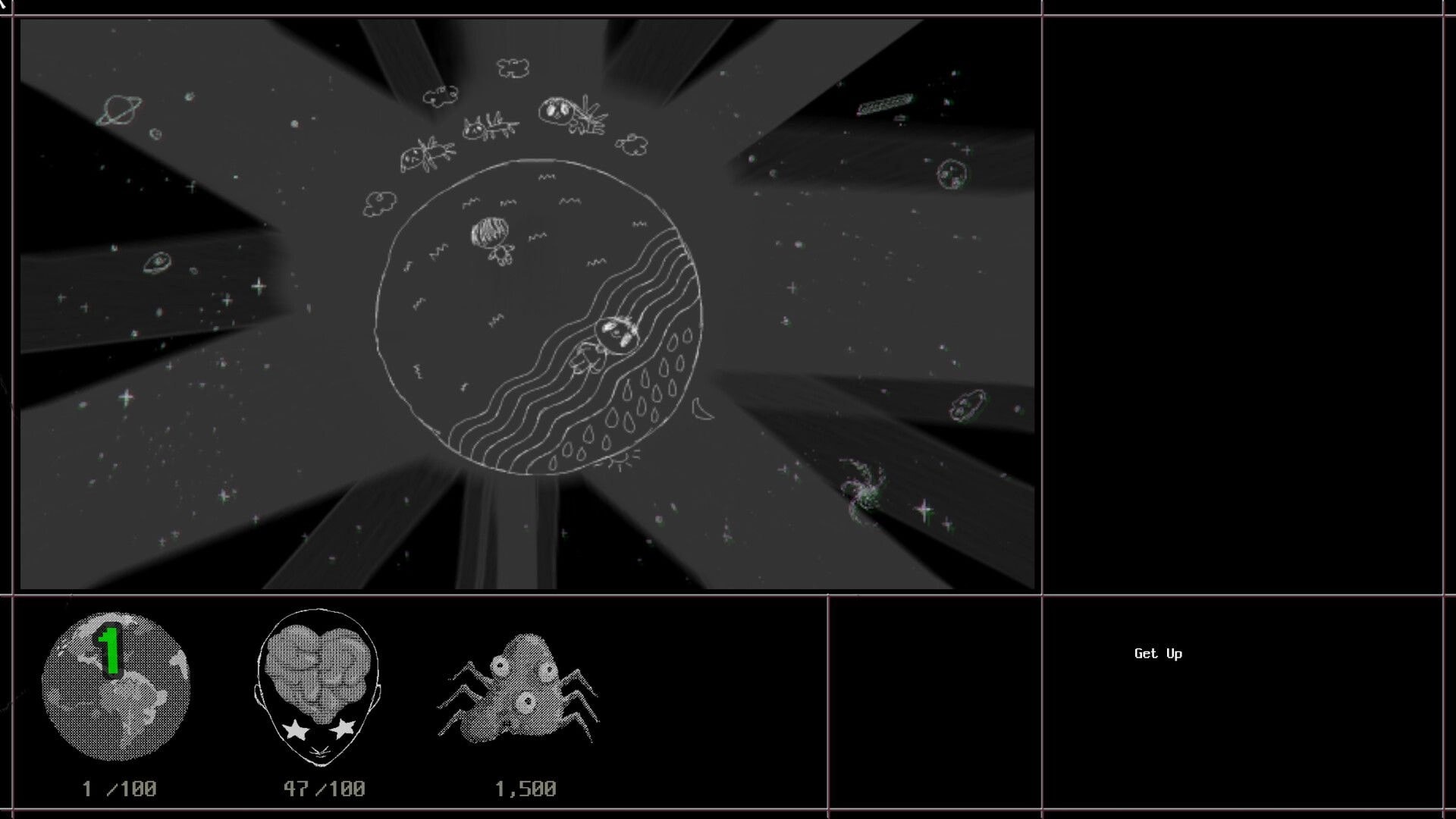 a Dogs Dream: Doodle planet in starry space with stats icons below and a Get Up prompt on right.