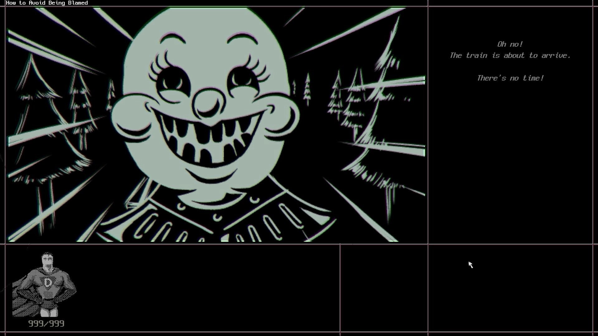 a Dogs Dream: Grinning cartoon face over dark forest scene with text warning the train is arriving.