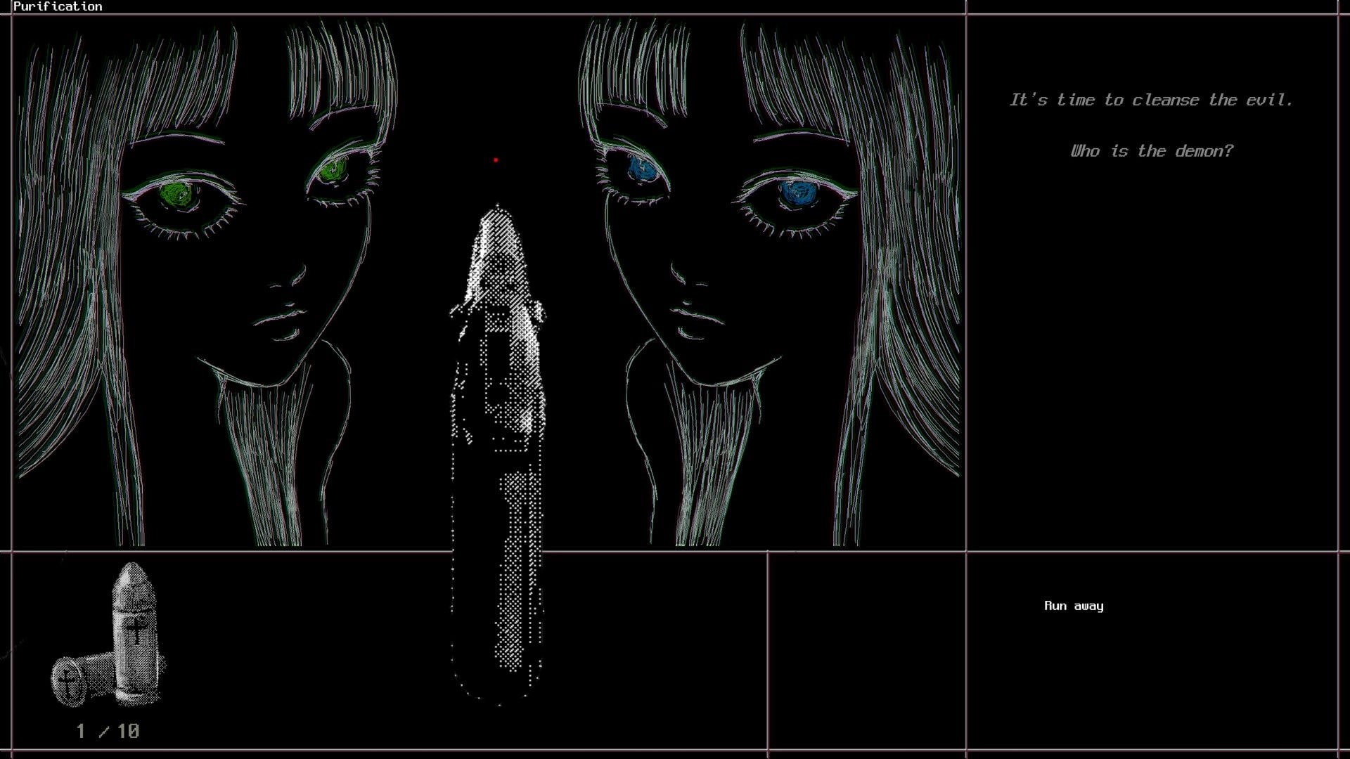 a Dogs Dream: Two eerie girls' faces flank a central knife, with choice text "Run away" on black UI.