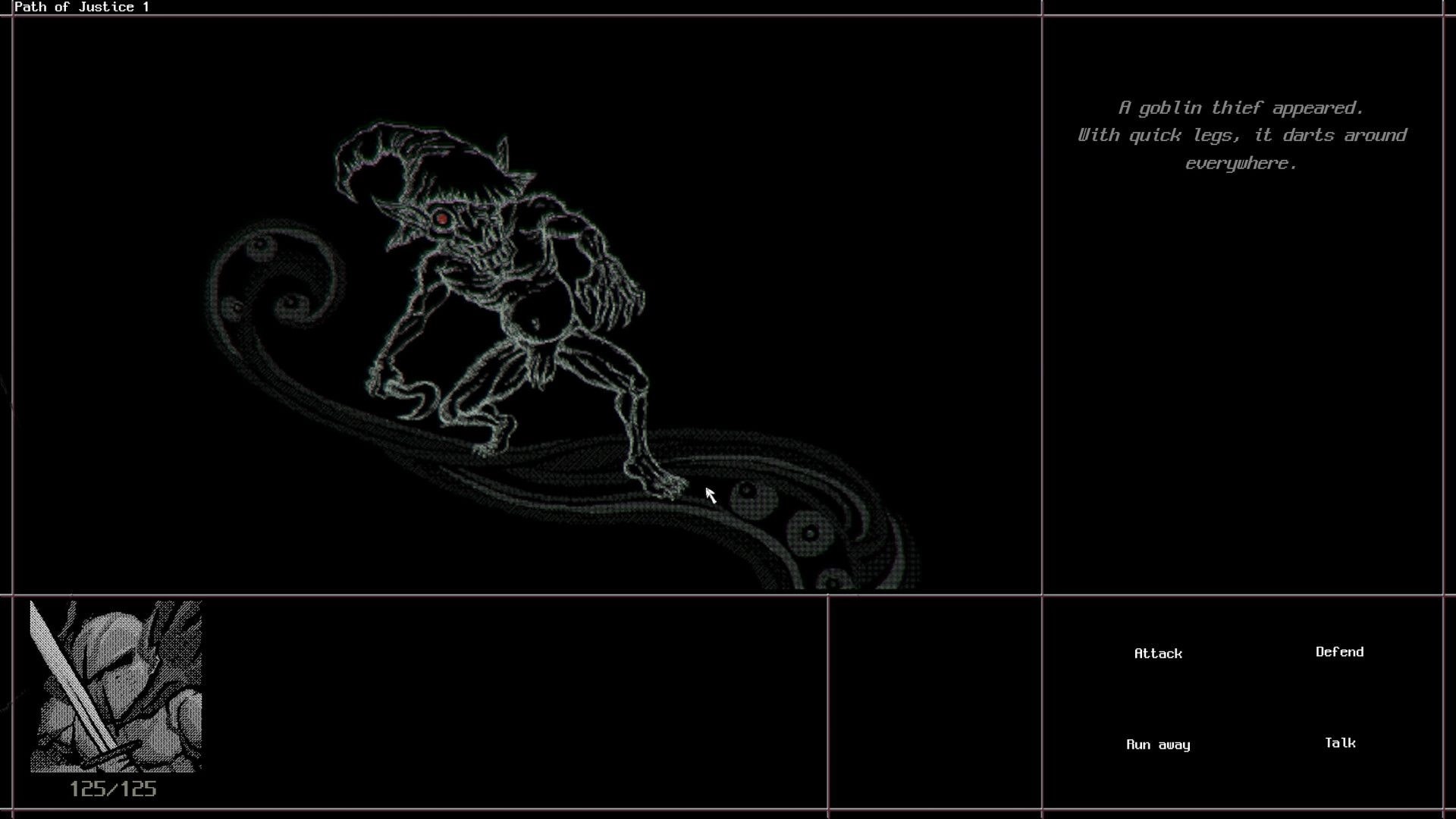 a Dogs Dream: Battle screen with goblin thief art, text prompt, and Attack/Defend/Talk options.