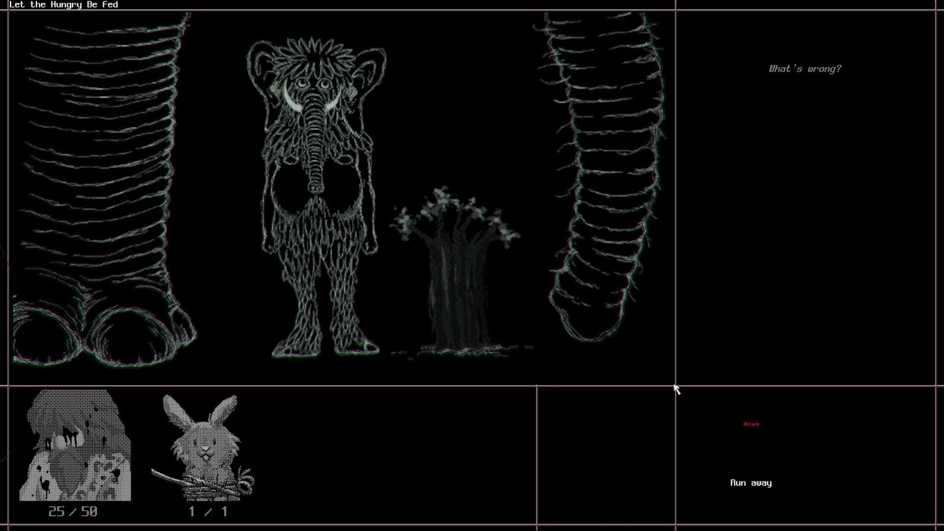 a Dogs Dream: Elephant-like monster fight UI with rabbit icon, Attack/Run away choices on black screen.