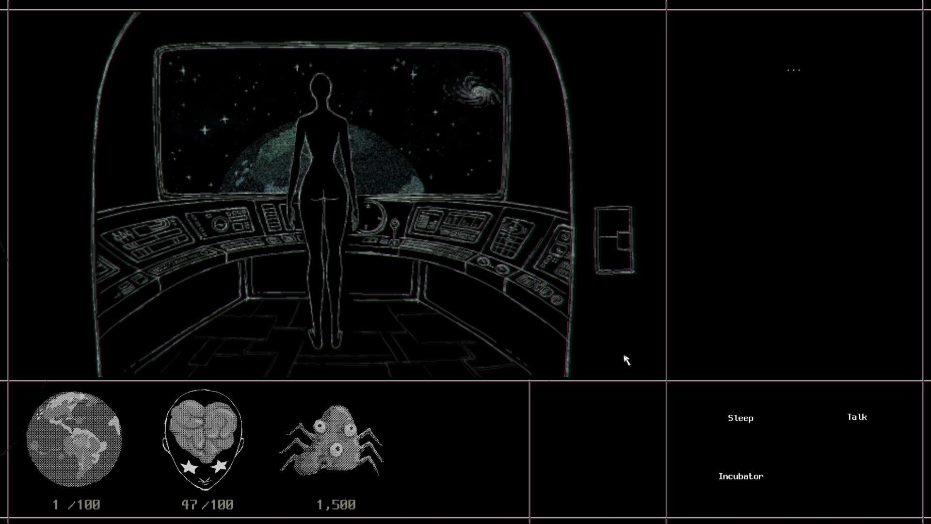 a Dogs Dream: Silhouette at spaceship control console facing starfield, with Sleep and Talk options UI.