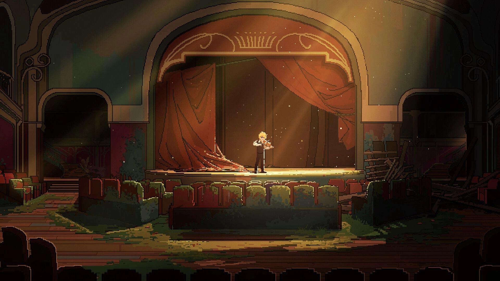 A Study in Blue: Lone character on a dusty theater stage with torn curtains and ruined seats.