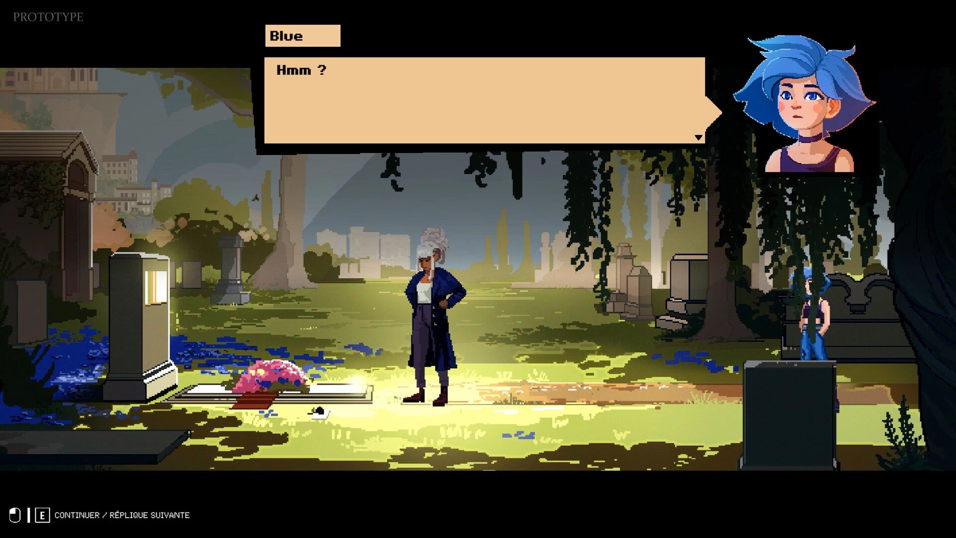 A Study in Blue: Blue dialogue box over pixel cemetery scene with detective NPC by a grave marker.