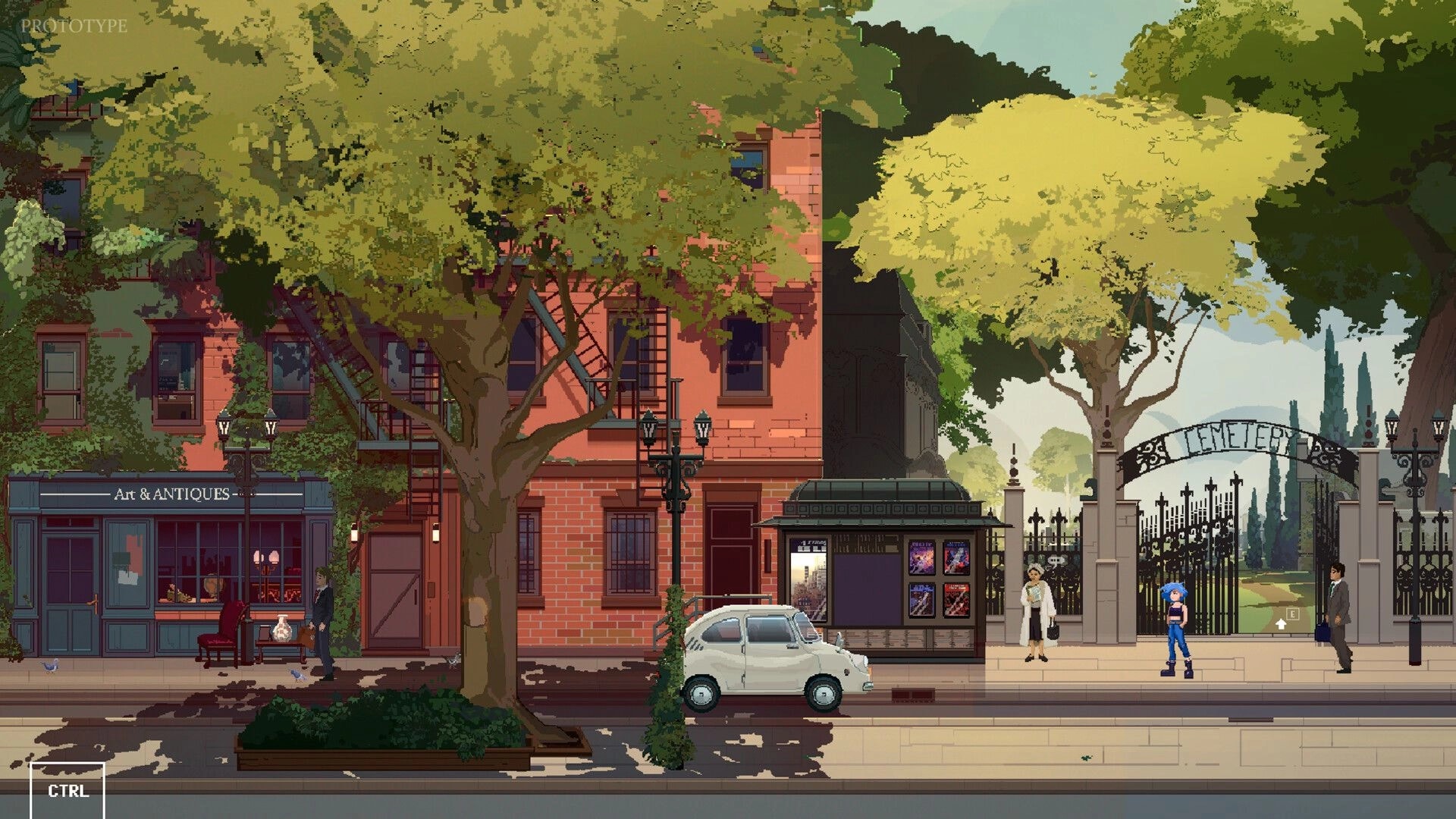 A Study in Blue: Blue waits by a cemetery gate on a city street with bus stop and antiques shop.