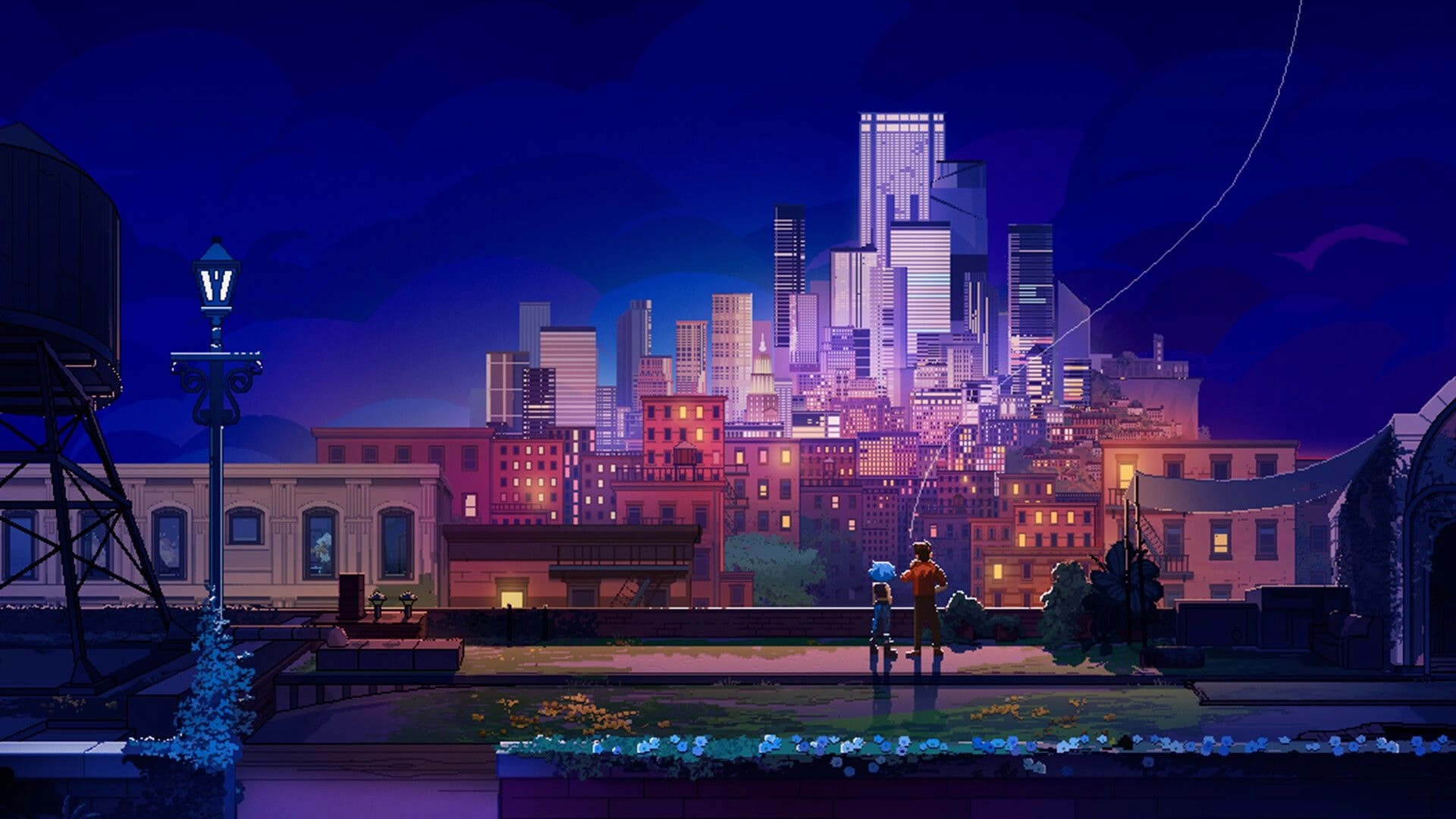 A Study in Blue: Kenneth and Blue stand on a rooftop, gazing at a glowing night skyline.