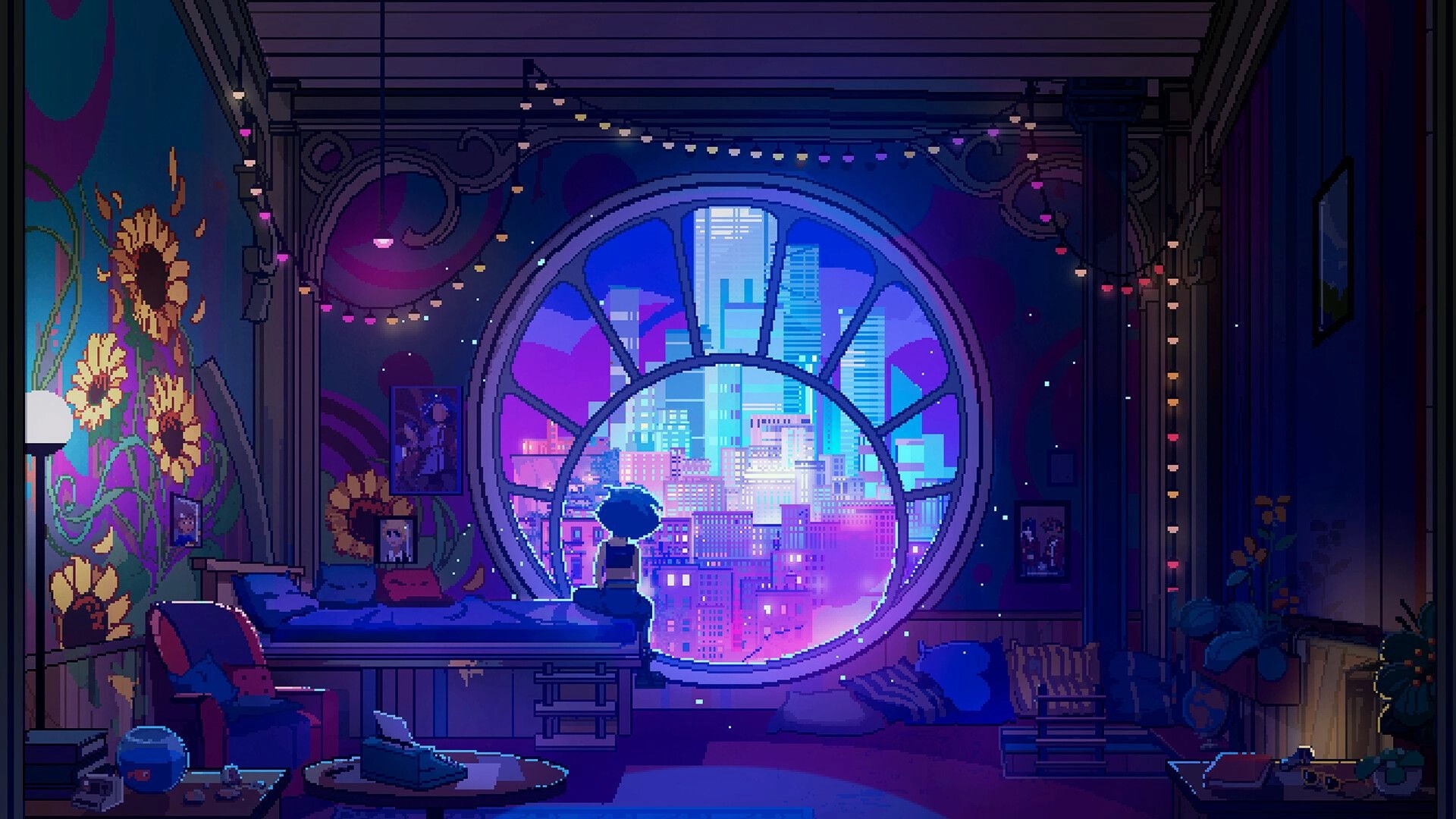 A Study in Blue: Blue sits by a huge round window, neon megacity skyline beyond in cozy room.