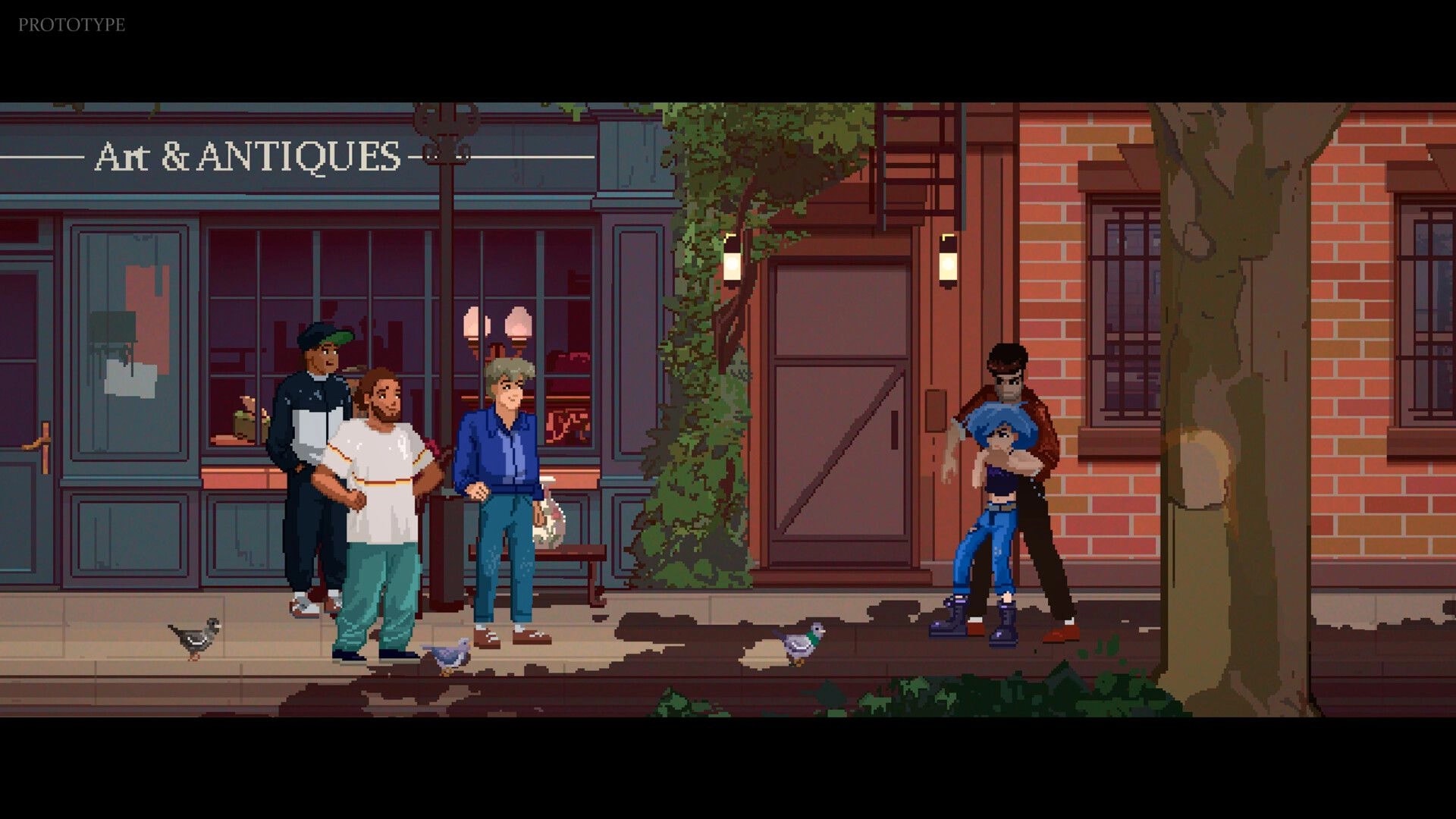 A Study in Blue: Pixel street scene by Art & Antiques shop, pedestrians watch a tense hug by door.