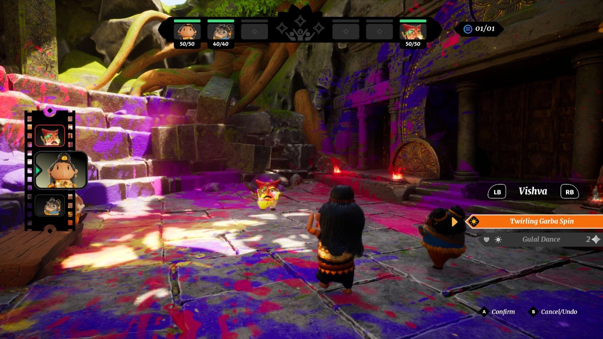 Aikyam: Turn-based battle in a vibrant dungeon with characters Vishva and Garbe Spin options visible