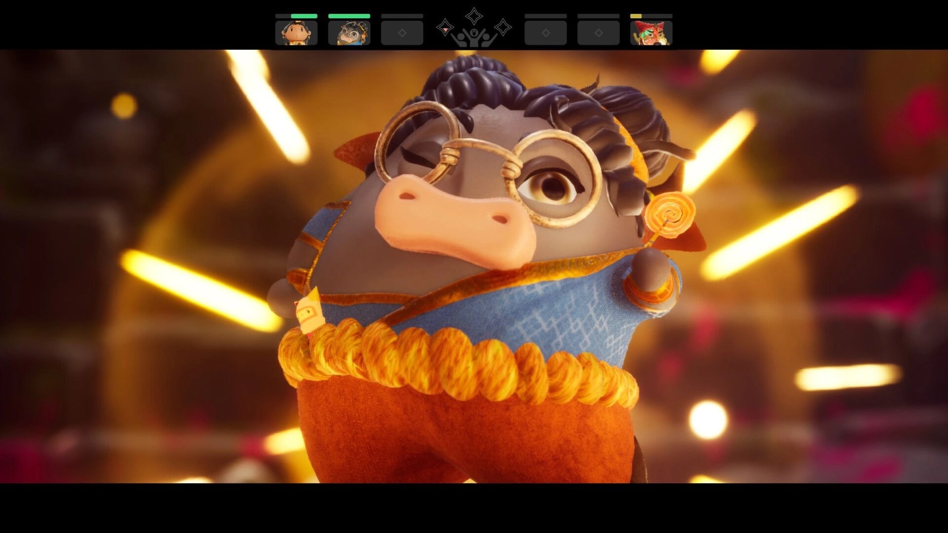 Aikyam: Cartoon character with glasses performing a dance move in a vibrant, glowing environment