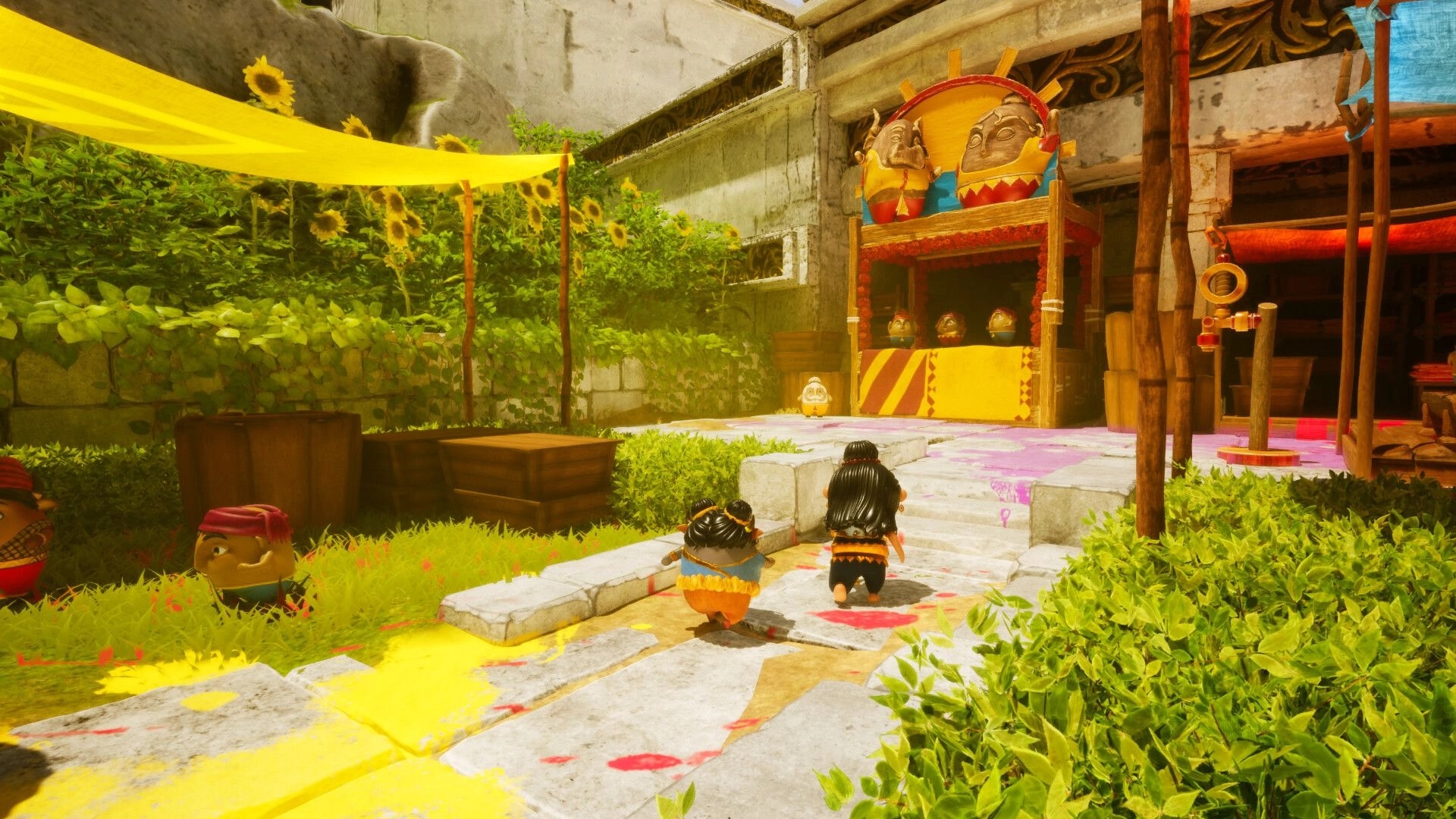 Aikyam: Two characters approaching a colorful village market with vibrant decorations and lush greenery.