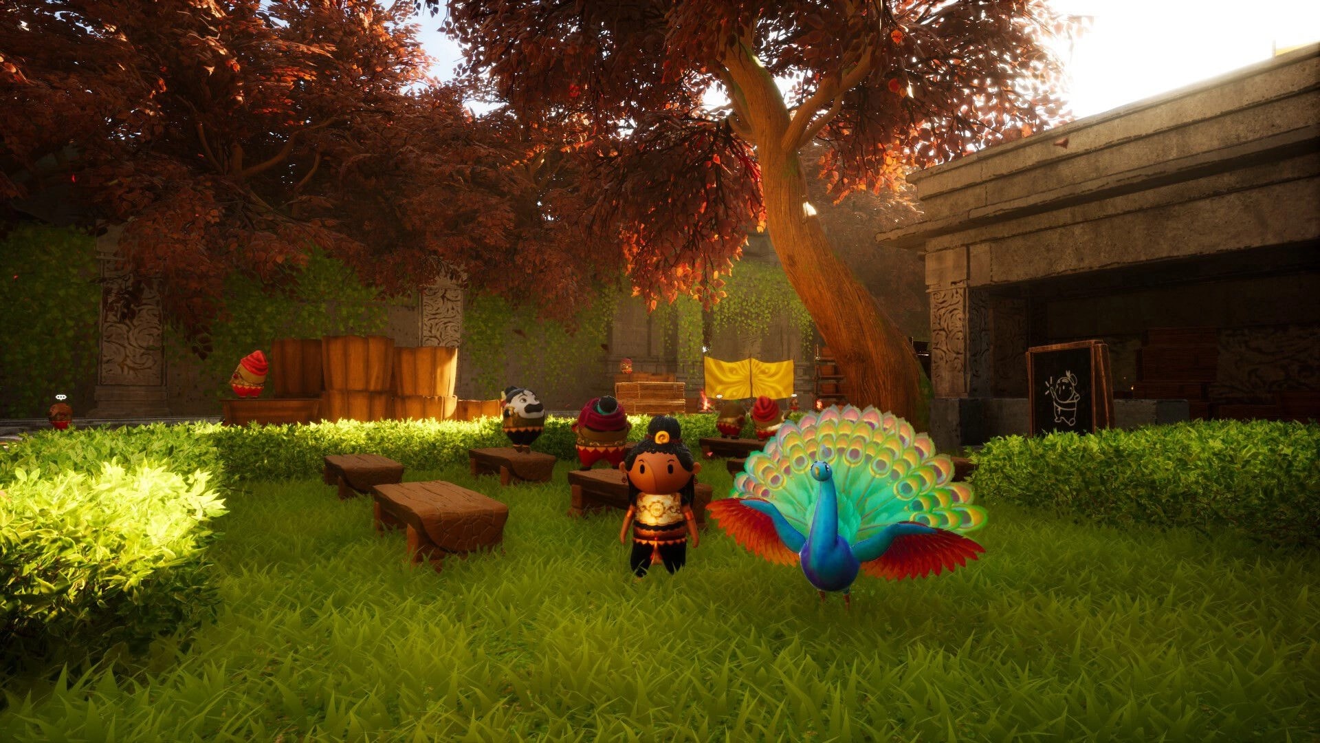 Aikyam: Character and colorful peacock in lush garden with wooden benches and autumn trees.