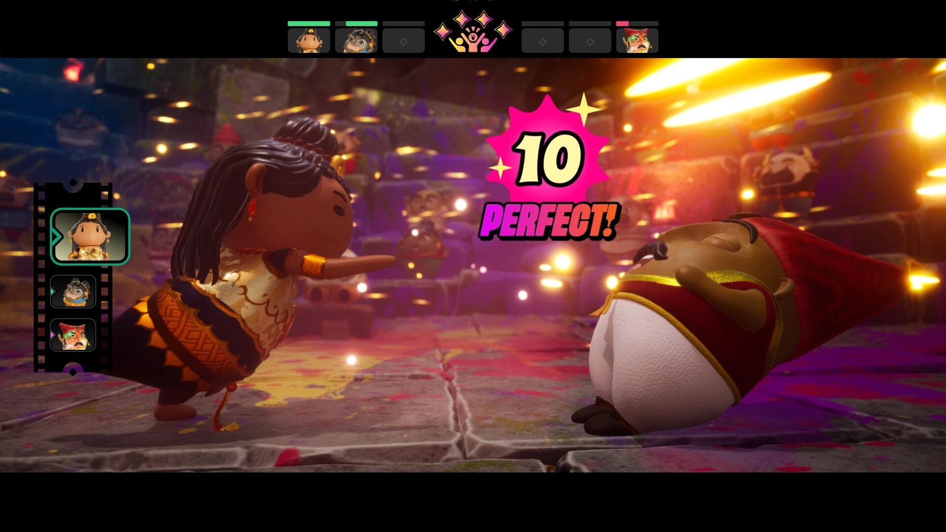 Aikyam: Hero performs perfect dance move in vibrant arena against fallen opponent, UI with character portraits.