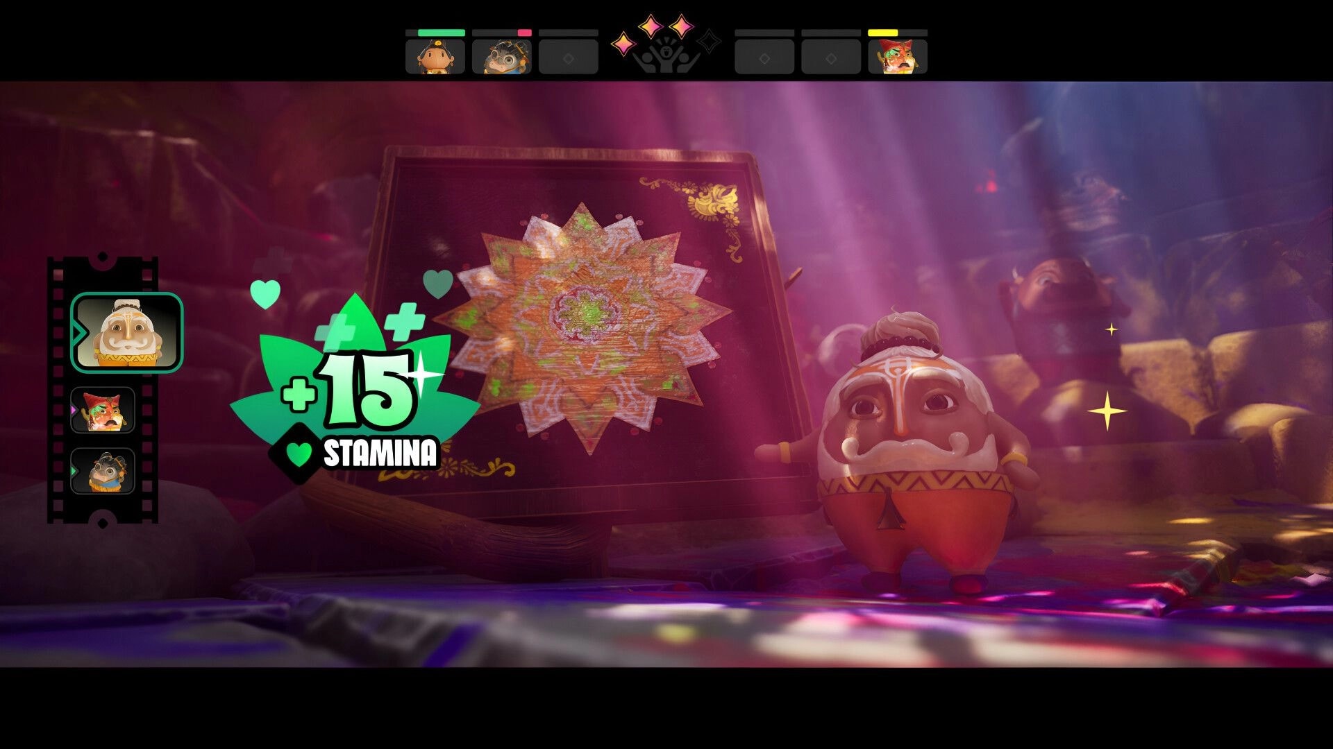 Aikyam: Character gains +15 stamina in a mystical cave with mandala art and UI showing team members