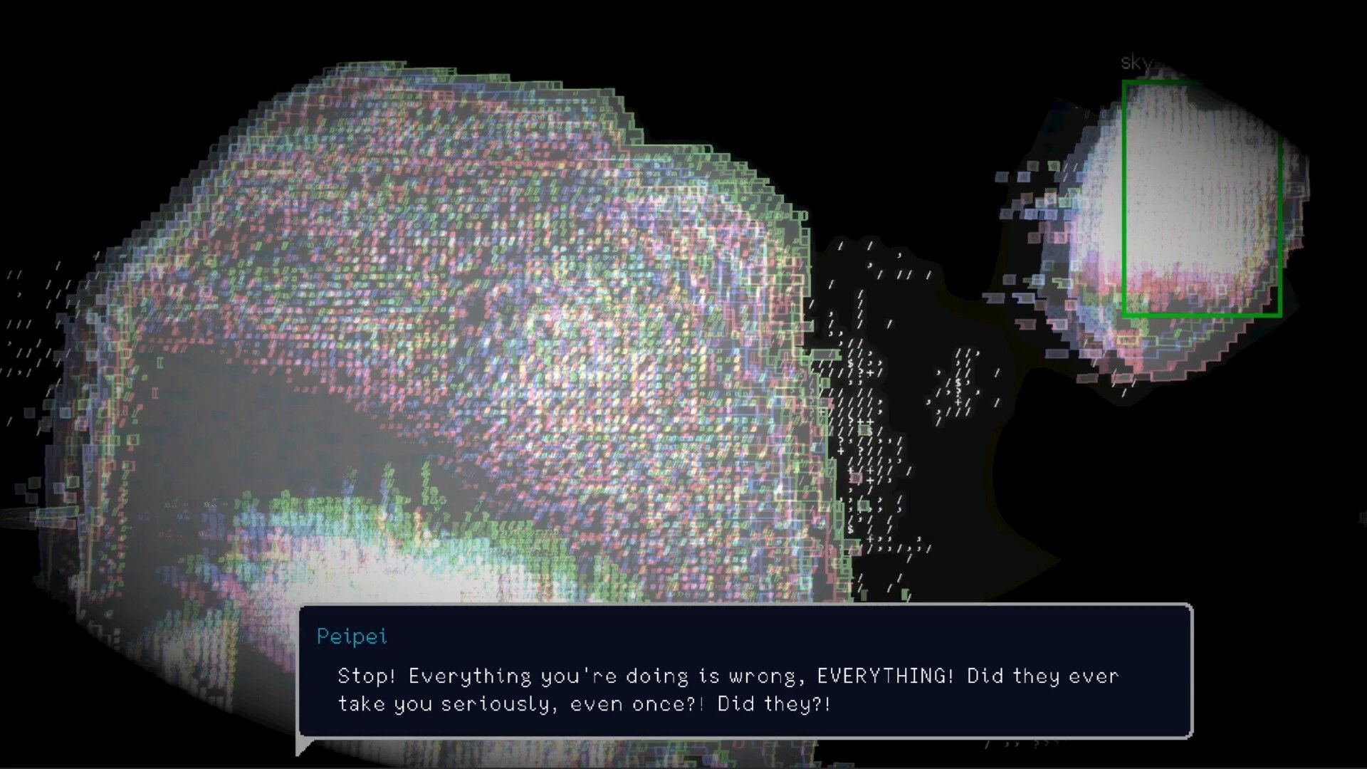 All Our Broken Parts: Peipei dialogue box with glitchy, pixelated visuals in a dark environment