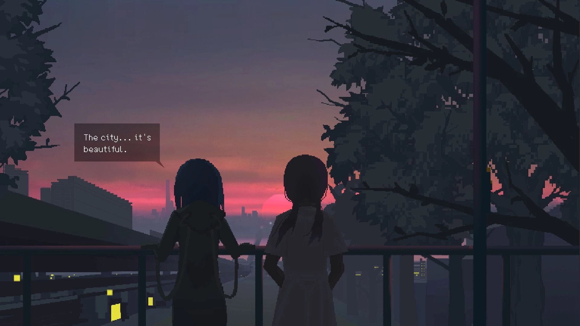 All Our Broken Parts: Two silhouettes overlook a sunset cityscape, dialogue reads "The city... it's beautiful."