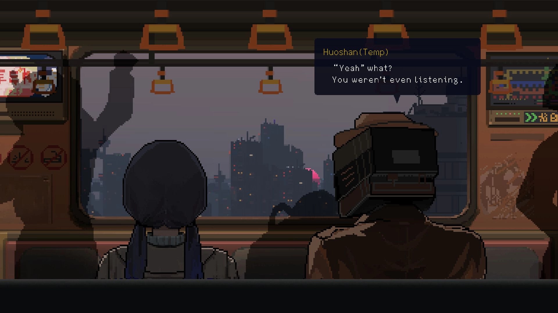 All Our Broken Parts: Huoshan conversing on a train with cityscape view and dialogue box visible