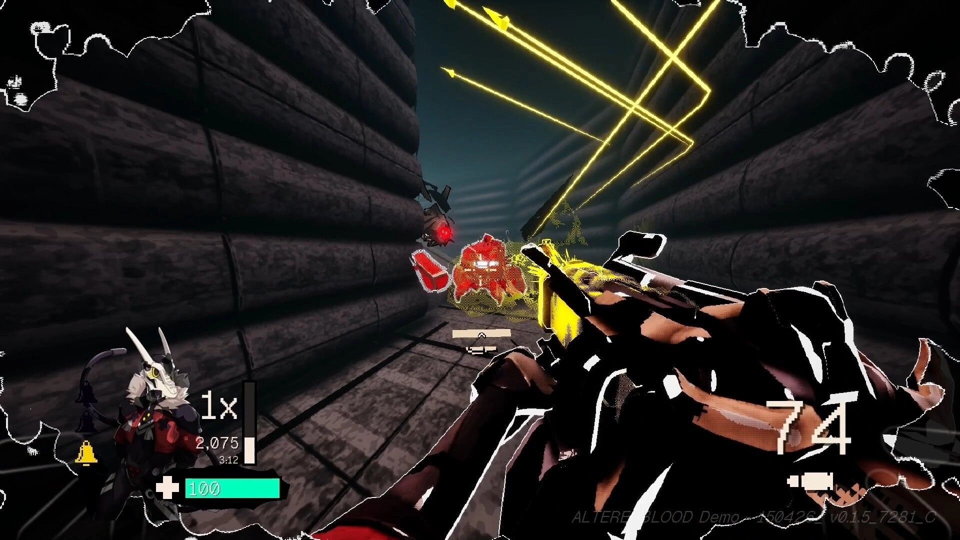 ALTEREDBLOOD+: First-person shotgun blasts red enemy in narrow stone corridor with ammo and health HUD.