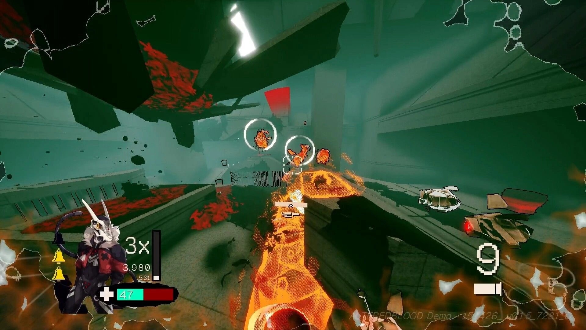 ALTEREDBLOOD+: First-person combat aiming at floating enemies in a blood-smeared concrete arena HUD visible.