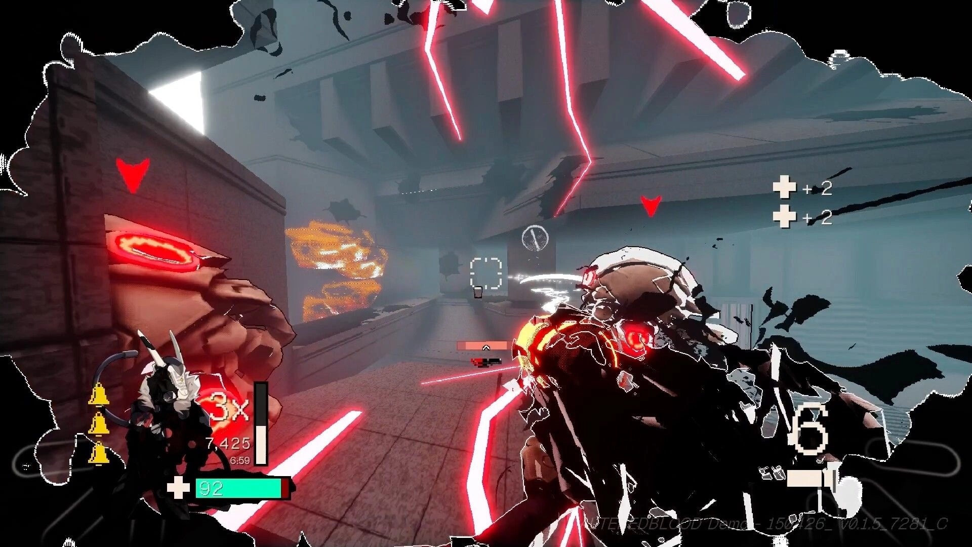 ALTEREDBLOOD+: First-person gunfight with red energy slashes in a gray corridor, HUD combo and health bar.