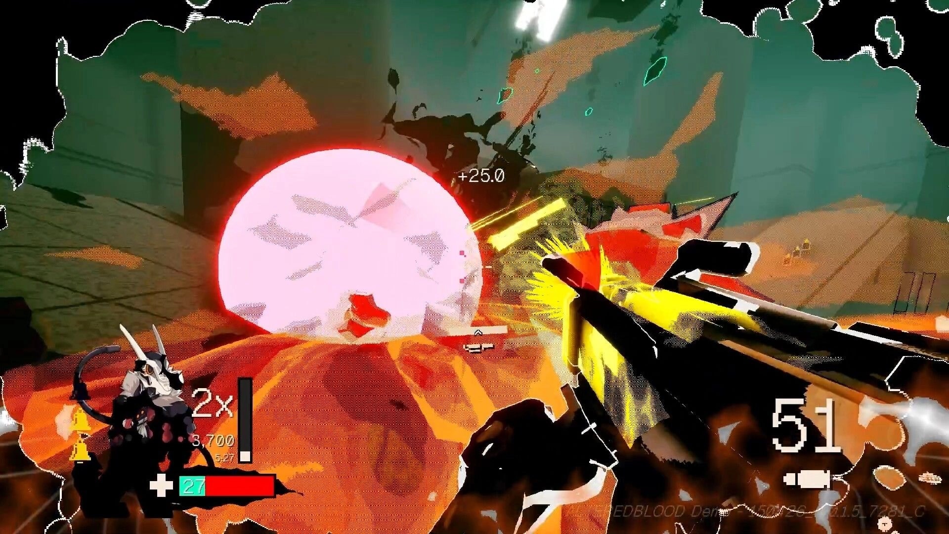 ALTEREDBLOOD+: First-person shotgun blast hits a glowing pink orb enemy in a rocky arena HUD visible.