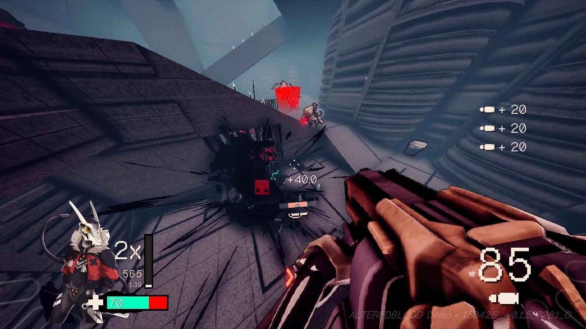 ALTEREDBLOOD+: First-person shotgun blast splatters an enemy on a gray industrial platform arena.