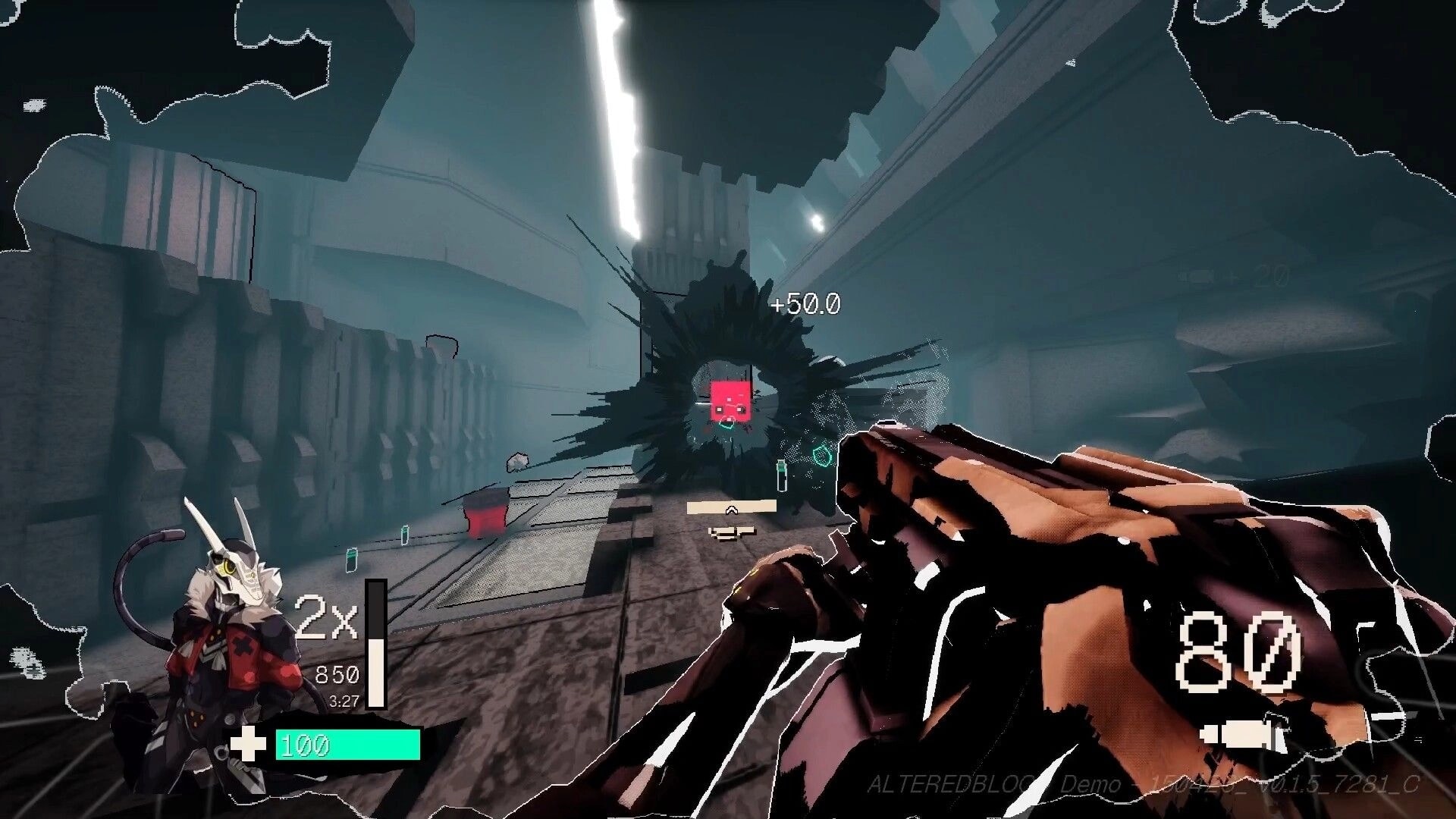 ALTEREDBLOOD+: Shotgun blast hits a pink cube enemy, score pop-up, in a foggy concrete arena.