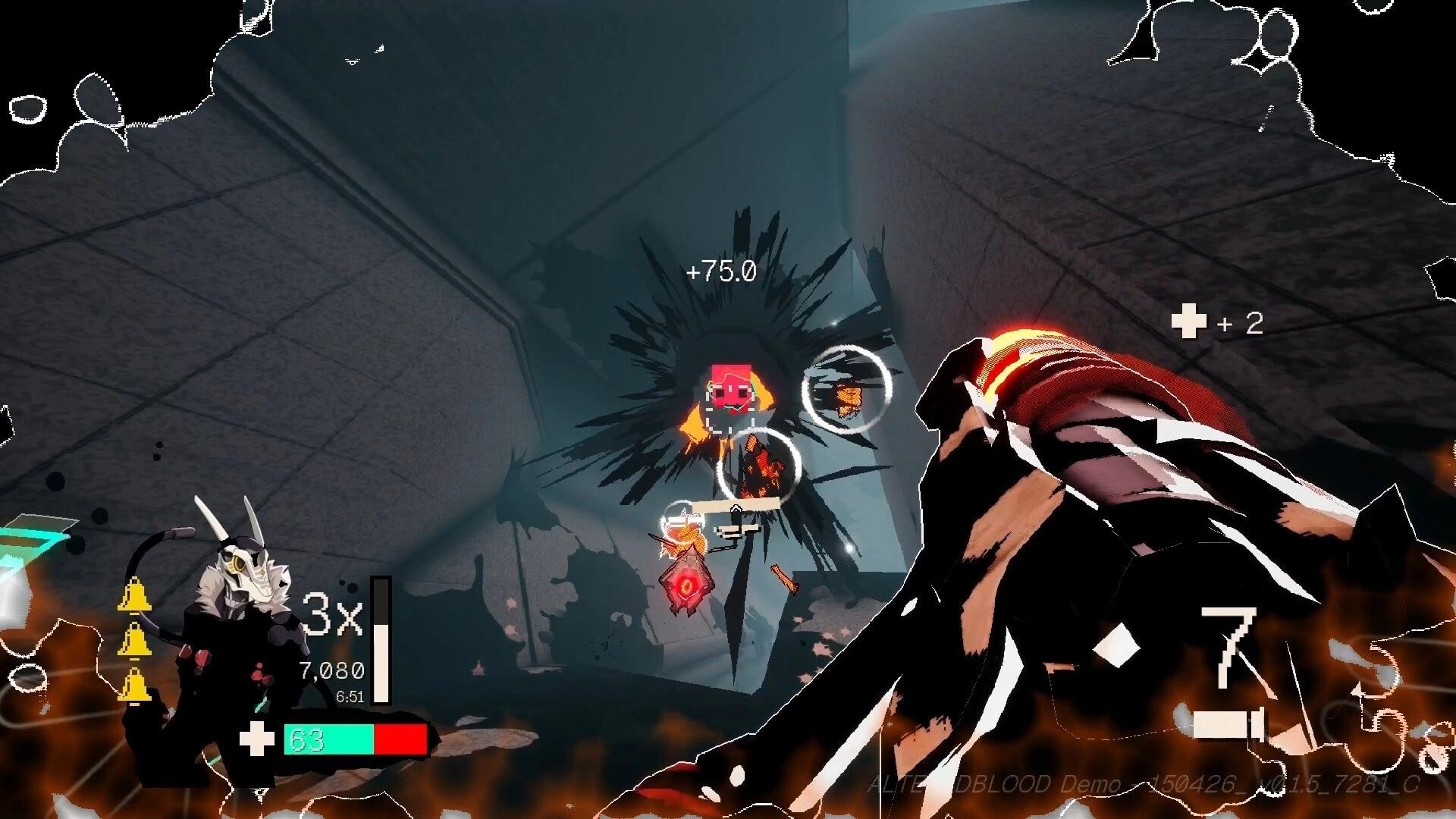 ALTEREDBLOOD+: First-person view aiming at a marked enemy in a gray corridor with score and ammo HUD.