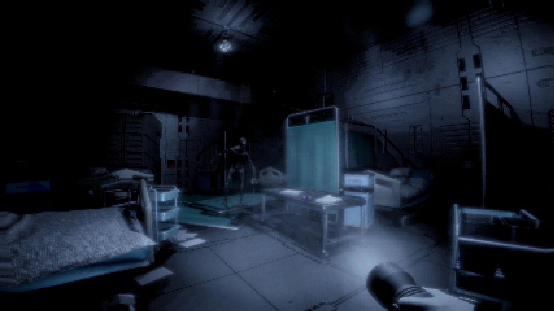 Among Space: Flashlight aimed at a shadowy figure in a dim medical ward with beds and curtains.