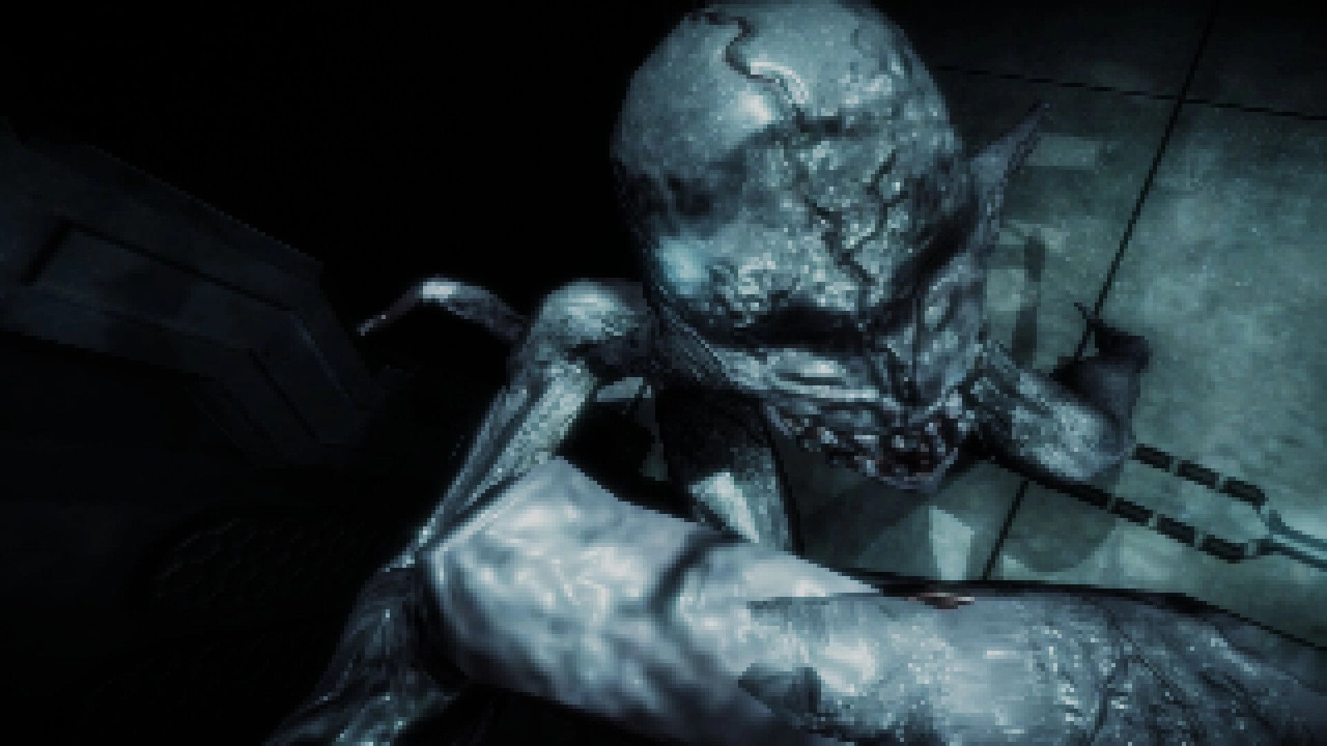 Among Space: Alien creature lunges close to camera in a dim metallic corridor with tiled walls.