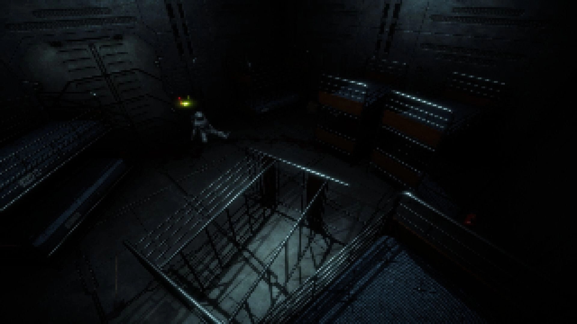 Among Space: Astronaut walks along a dim metal catwalk above a fenced pit in an industrial chamber.