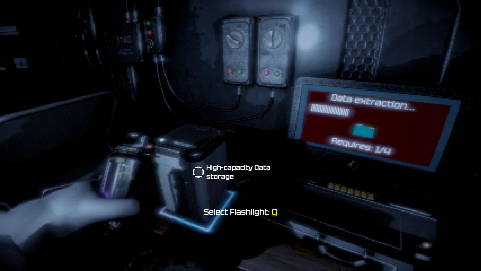 Among Space: Interacting with high-capacity data storage beside a PC in a dark lab room with UI prompts.