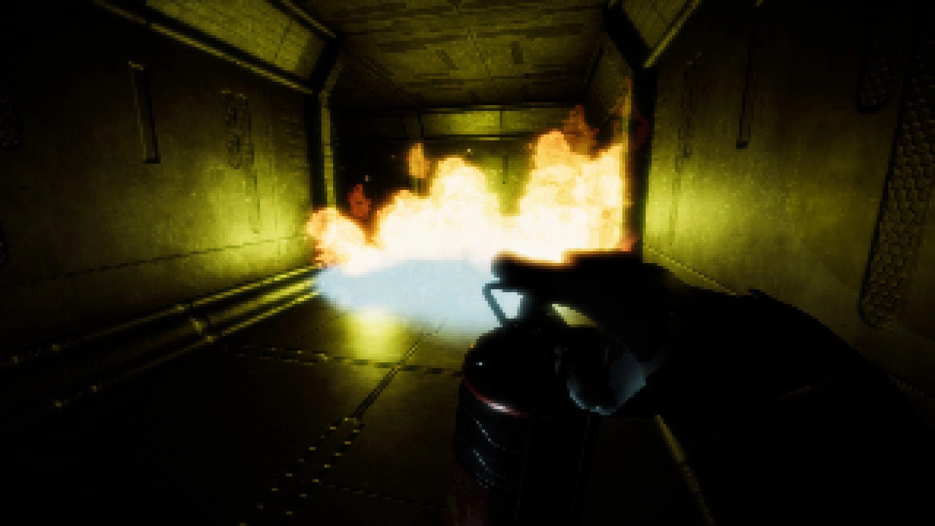 Among Space: First-person flamethrower blast lighting a narrow metal corridor in a dim facility hallway.