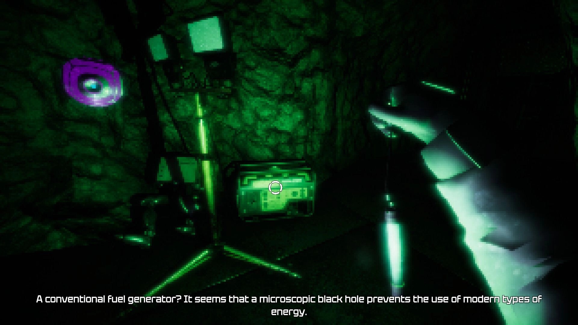Among Space: Crosshair aimed at a fuel generator in a green-lit cave room with subtitle text below.