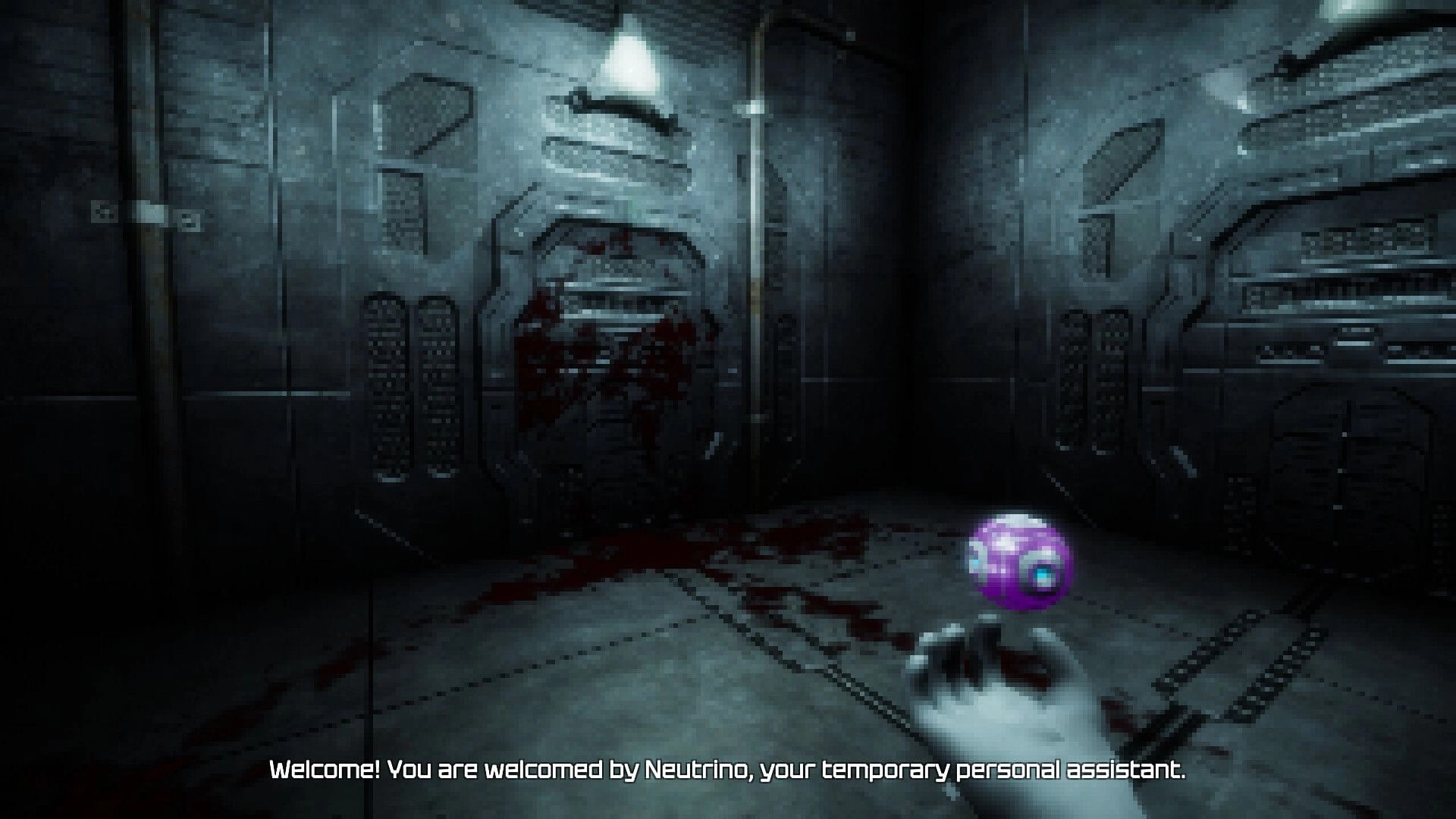 Among Space: Neutrino assistant orb hovers as subtitle appears in a blood-streaked metal corridor.