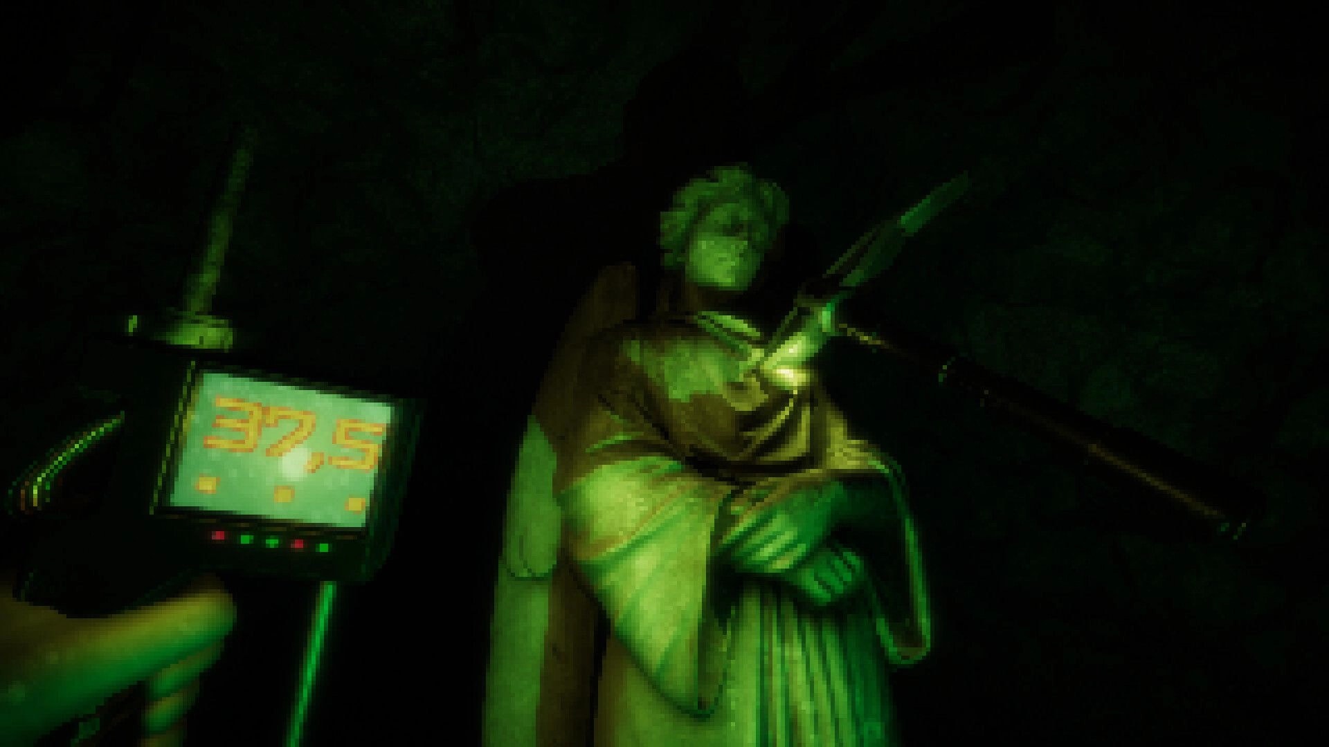 Among Space: Night-vision view of a robed statue and digital monitor reading 372.5 in dark room.