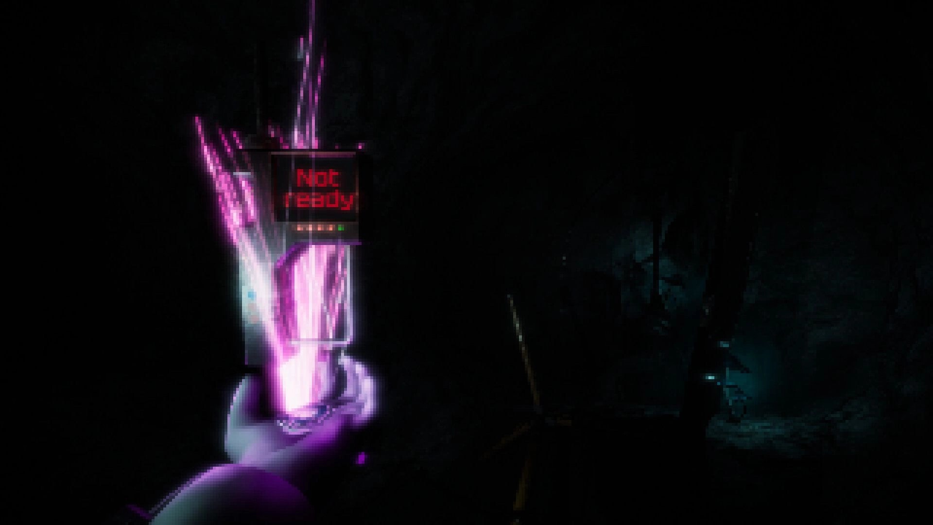 Among Space: First-person view holding a glowing purple device reading Not Ready in a dark corridor.