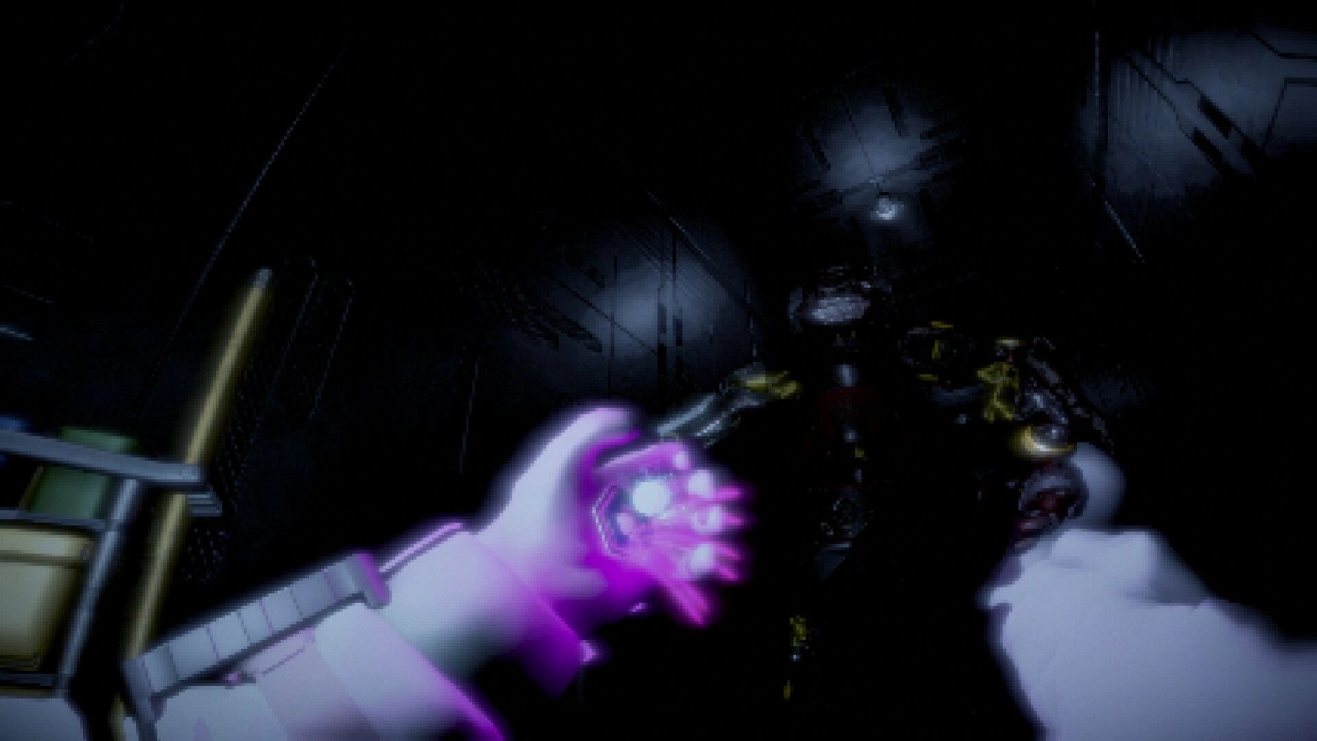 Among Space: First-person view charging purple energy in a dark metallic corridor with hanging cables.