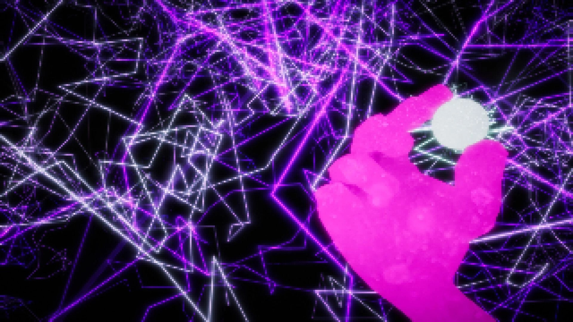 Among Space: First-person hand reaching toward a glowing white orb amid purple quantum energy strands.