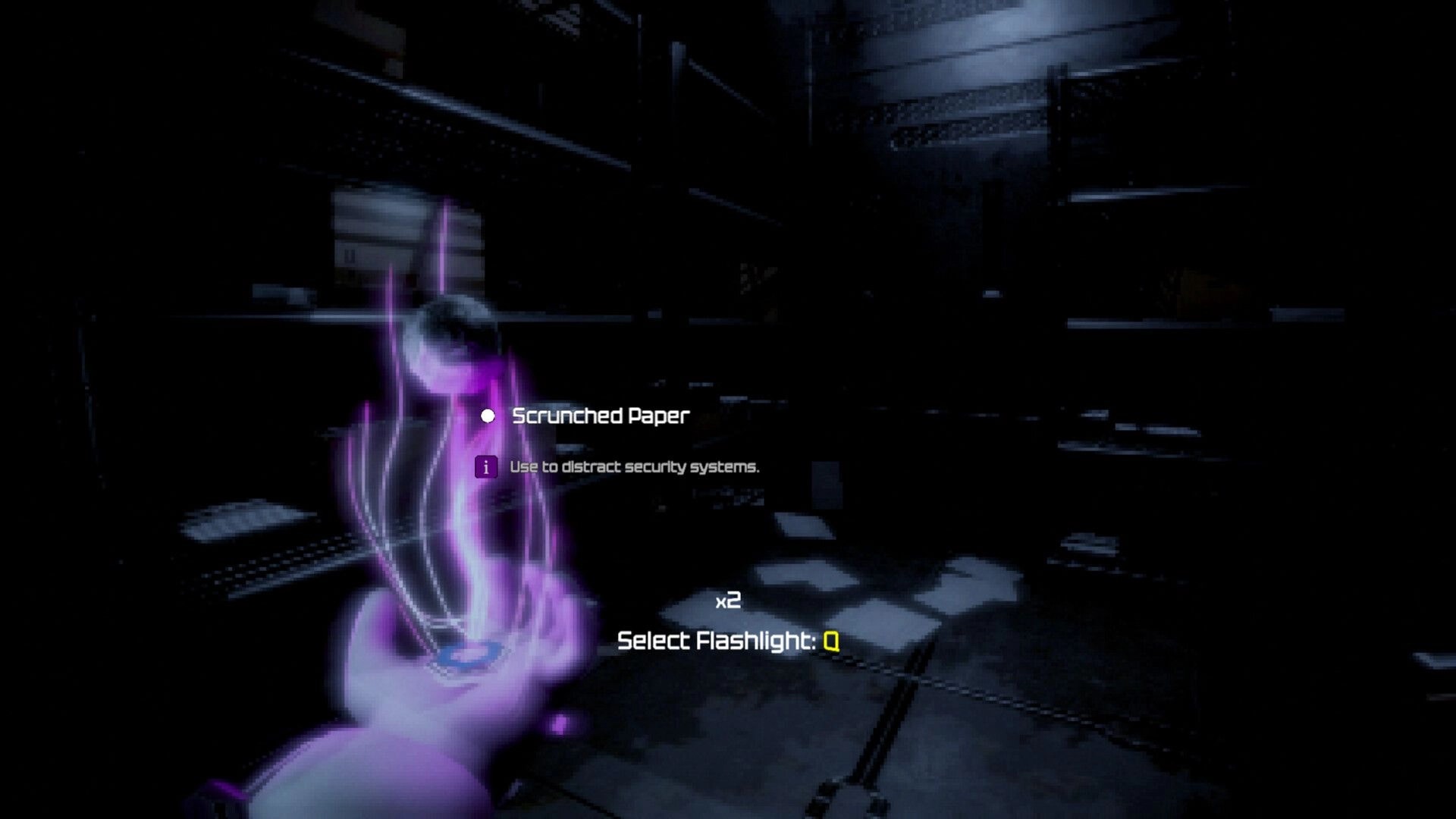 Among Space: Picking up scrunched paper item prompt in a dark metallic corridor with scattered papers UI text.