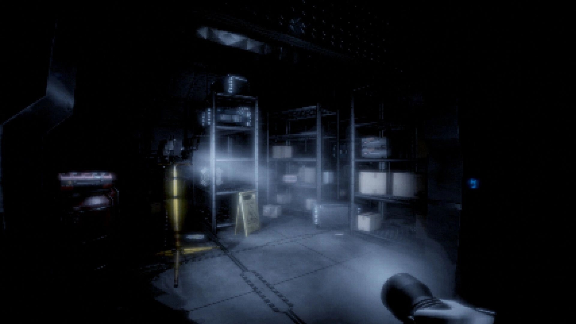 Among Space: First-person flashlight exploring dusty storage room with metal shelves and TV monitors in dark lab.