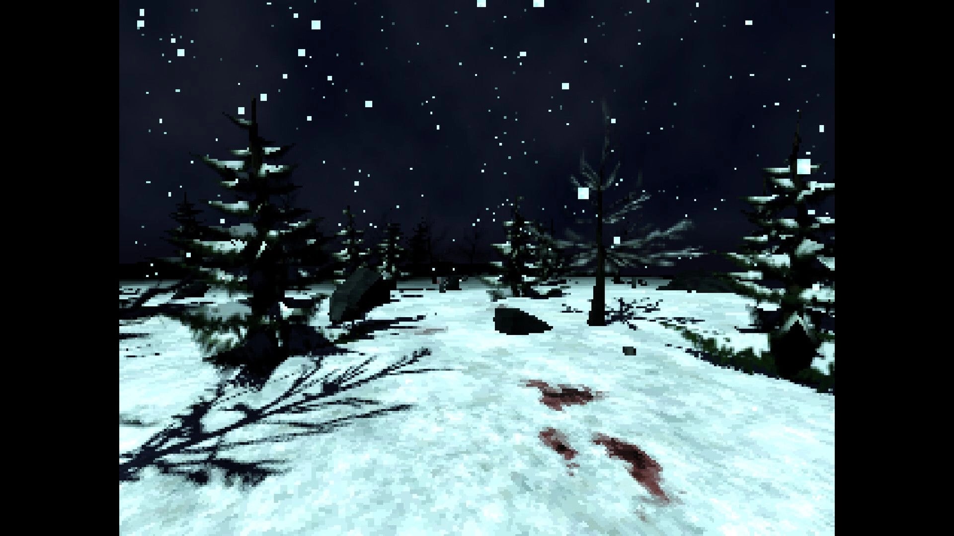 Arctic Grave: Blood stains trail across snowy ground under falling snow in a dark pine forest at night.